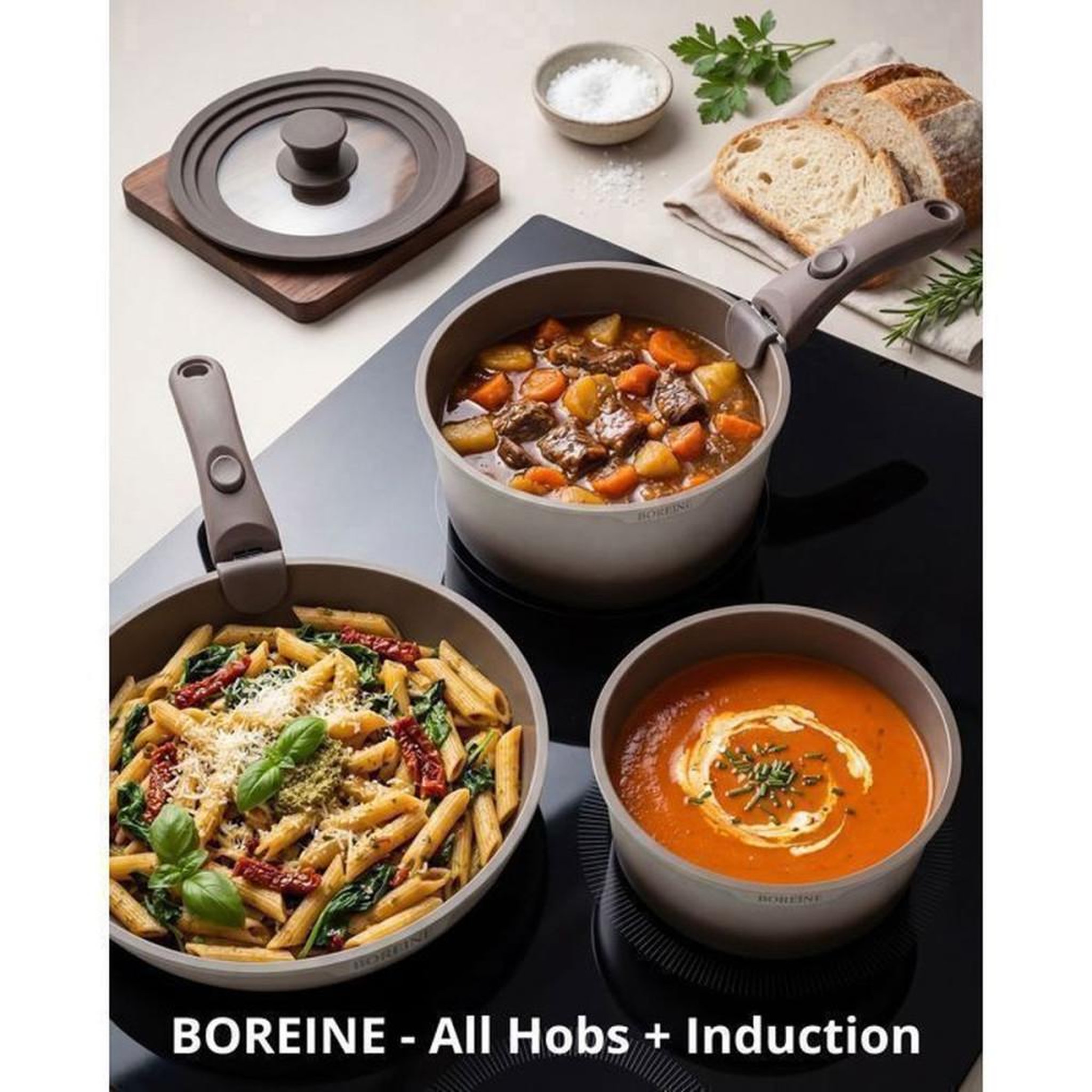 Voir la diapositive 4 : Set de casseroles et poêles antiadhésives 7 pièces avec poignées amovibles, couvercle silicone, compatible induction