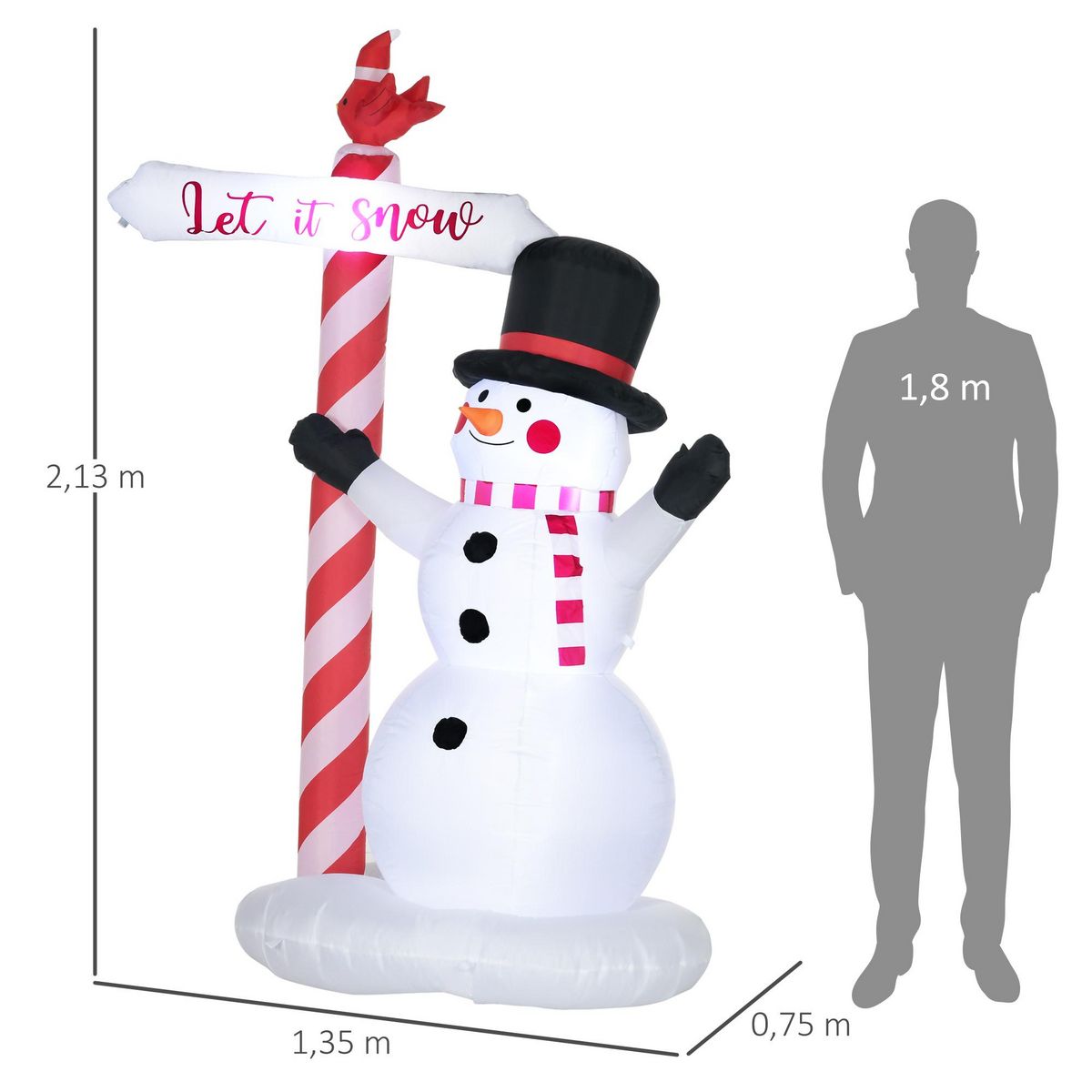 OUTSUNNY Bonhomme de neige gonflable avec pancarte 3 LED, décoration gonflable de Noël pour l'extérieur et l'intérieur, hauteur 213 cm, polyester imperméable, blanc