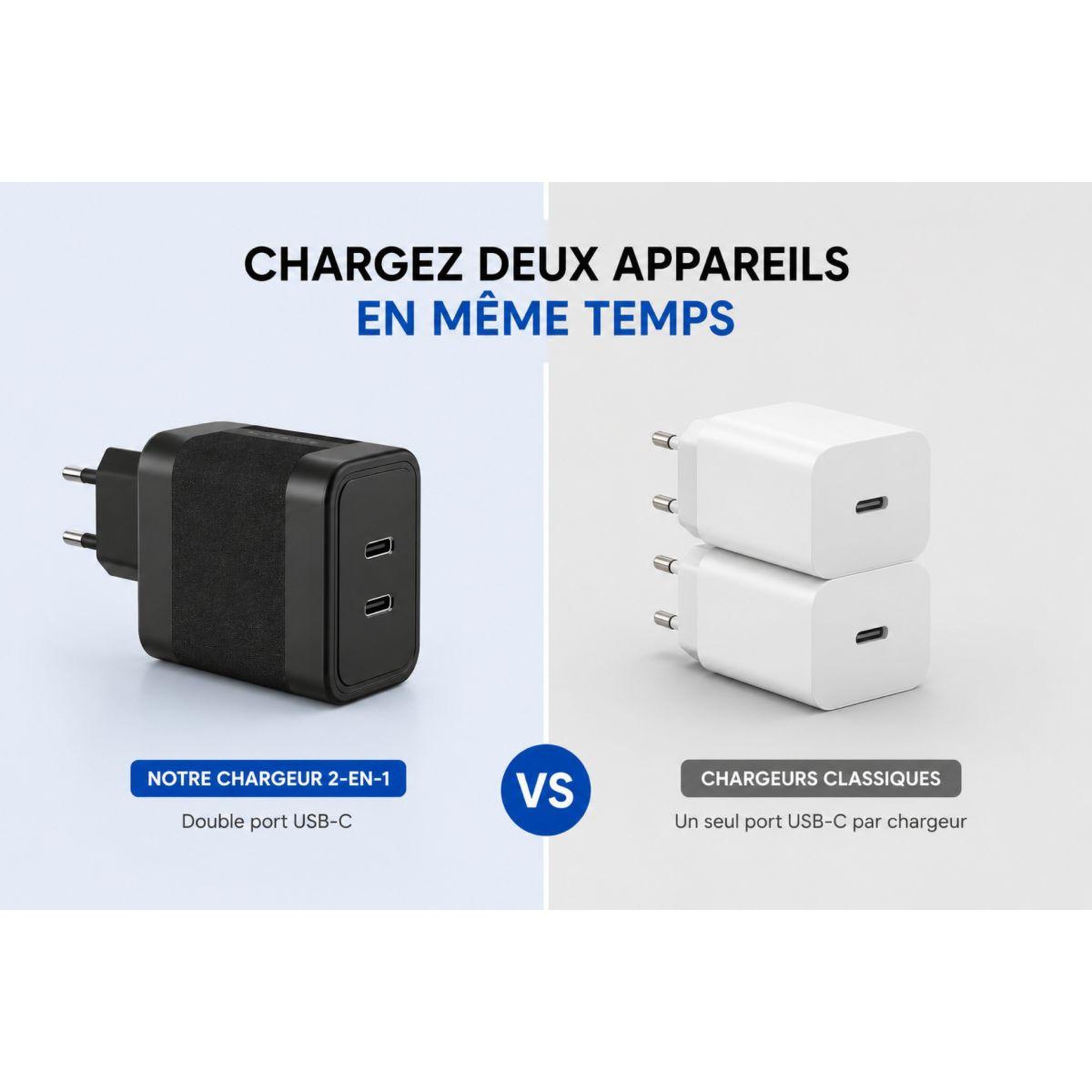 Voir la diapositive 5 : ADEQWAT Chargeur ordinateur portable 65w 2 usb-c + cable usb-c 2m - noir
