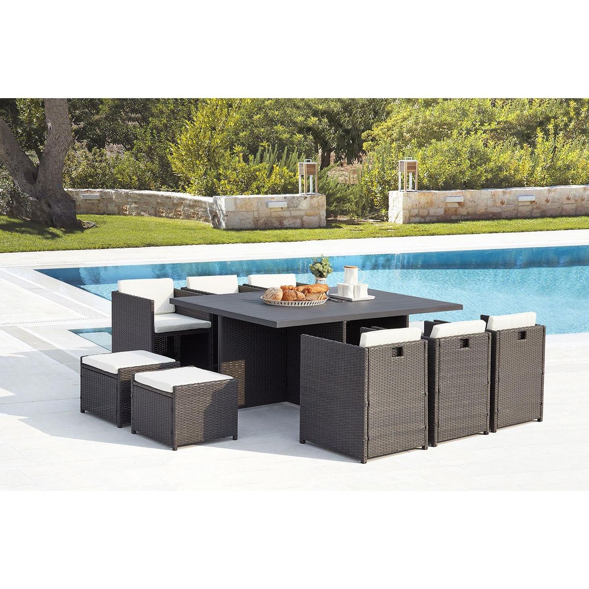 CONCEPT USINE Table et chaise 10 places encastrables alu résine gris-blanc SUNSET