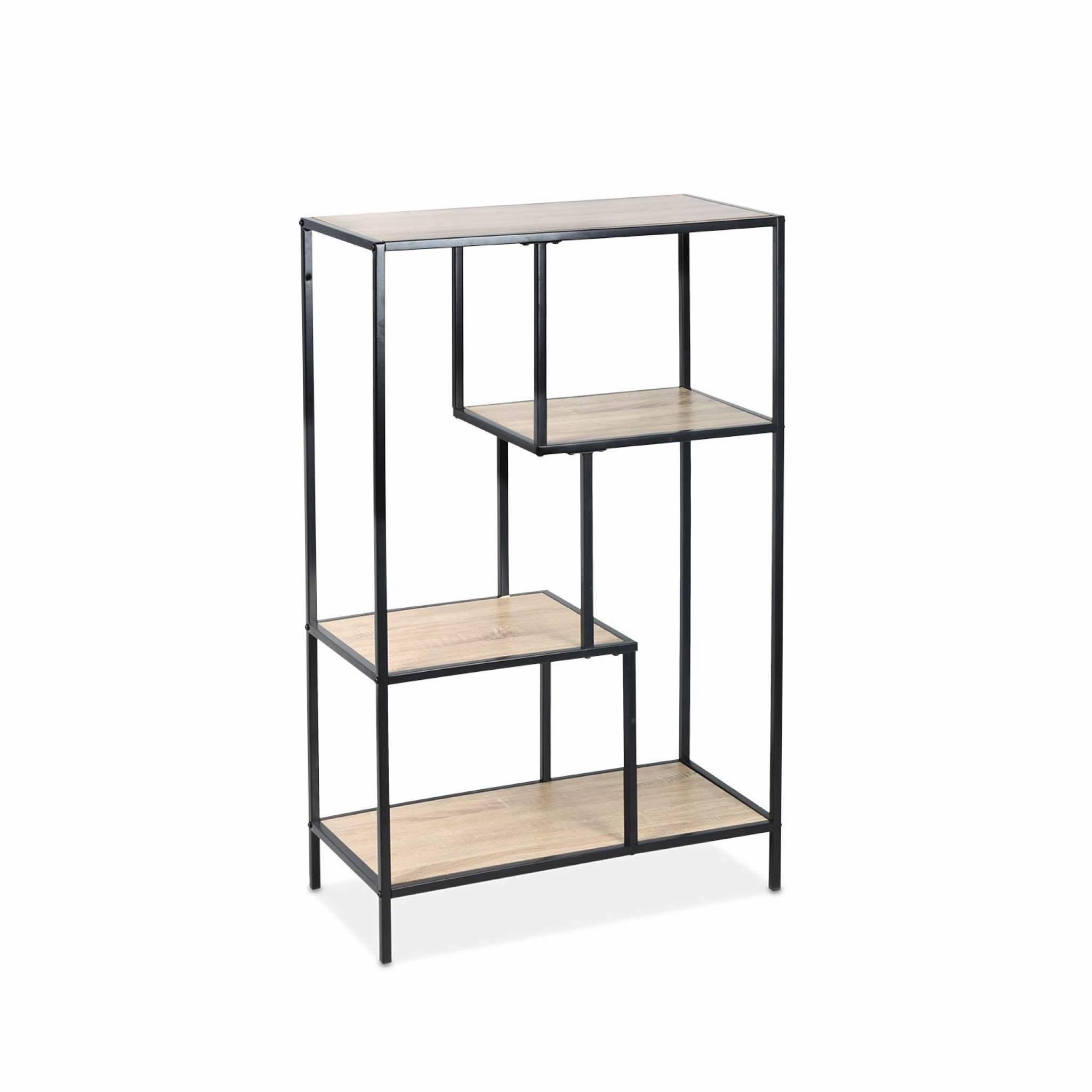 Voir la diapositive 1 : SWEEEK Etagère en métal noir et décor bois - Loft - bibliothèque 4 niveaux. L 69 x l 33 x H 113.5cm