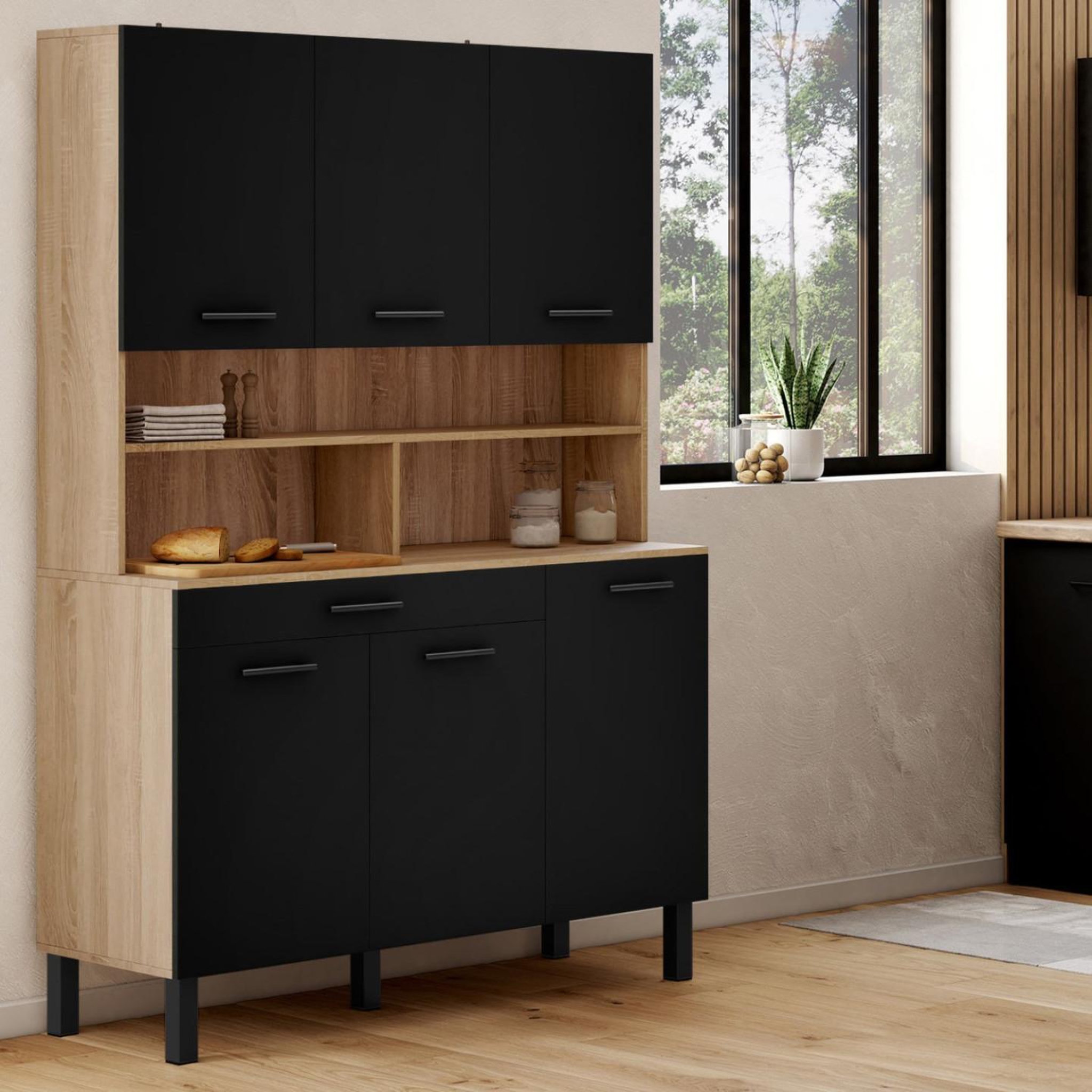 Voir la diapositive 2 : ID MARKET Buffet de cuisine 120 cm cina 6 portes + tiroir façon hêtre et noir