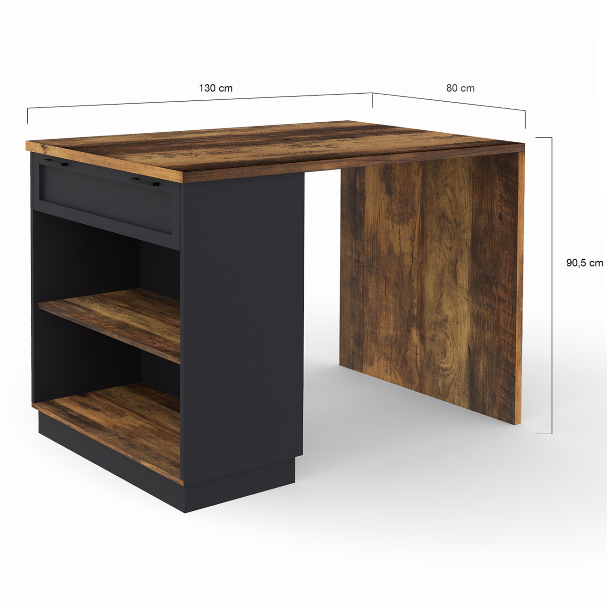 Voir la diapositive 5 : ID MARKET Ilot central mange-debout 4 personnes vito 130 cm noir et effet bois foncé hawkins