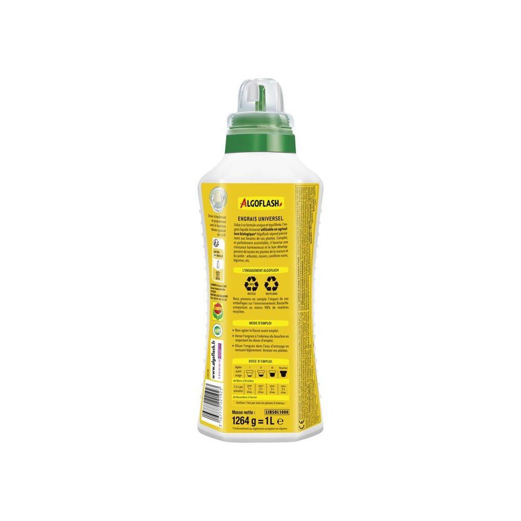 Voir la diapositive 2 : ALGOFLASH Algoflash engrais liquide universel toutes plantes en bouteille 1 l, mécanisme de dosage et fermeture
