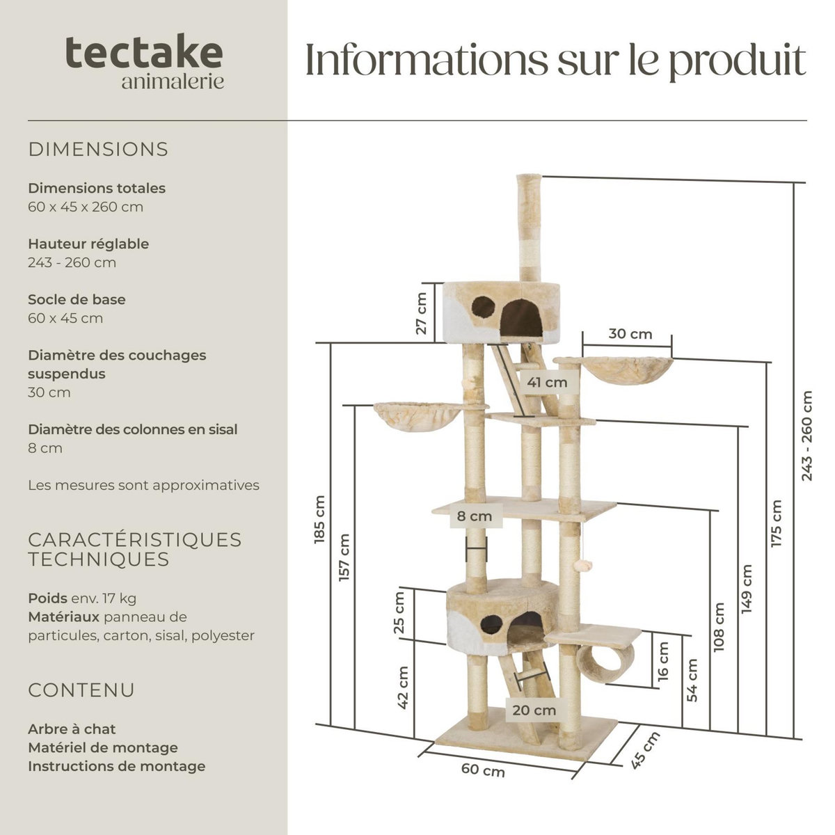 tectake Arbre à chat 243 à 260 cm avec griffoir et plateforme d'escalade beige/blanc