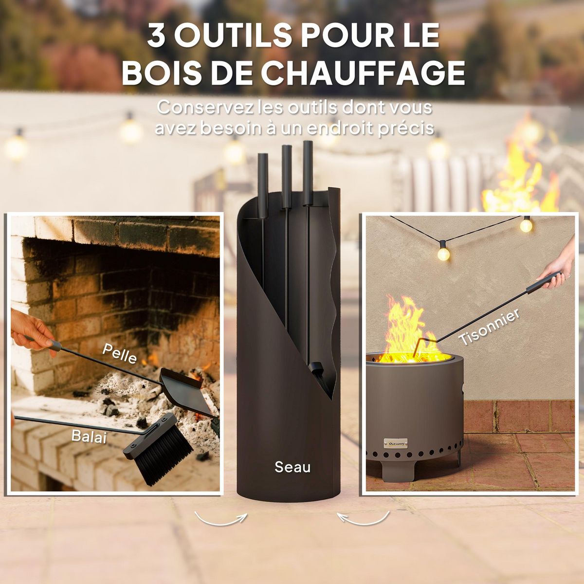 OUTSUNNY Ensemble serviteur de cheminée design 4 pièces en métal - brosse, pelle, tisonnier - support inclus noir