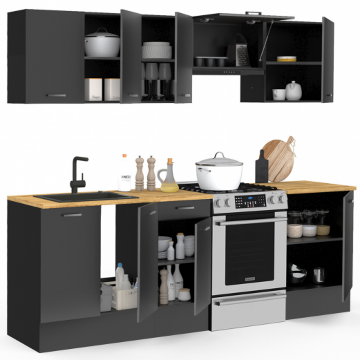 ID MARKET Cuisine complète 240 cm SUBTIL avec plan de travail 7 éléments noir et plateaux bois