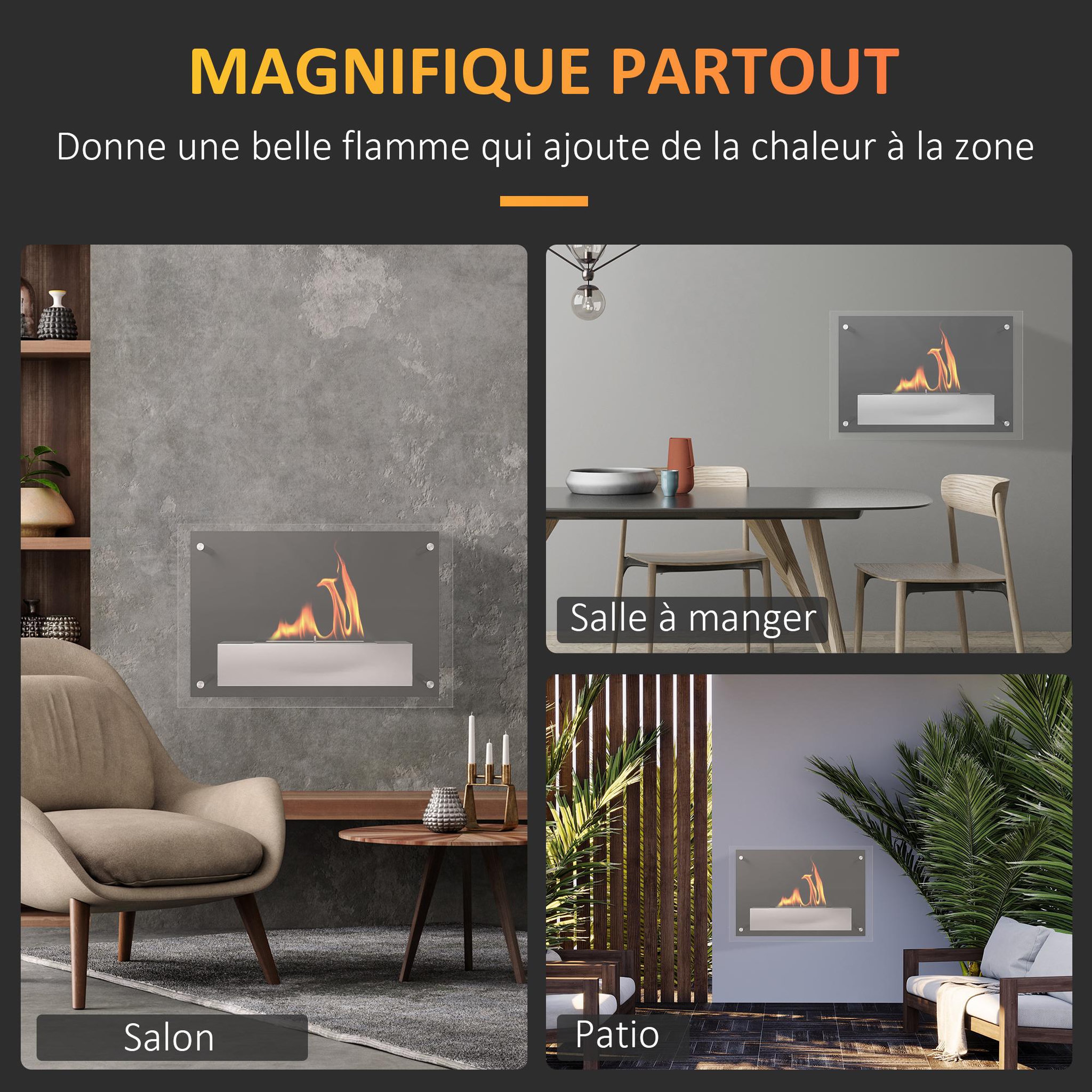 Voir la diapositive 5 : HOMCOM Cheminée bioéthanol murale design contemporain bruleur 0,9 L - couverture 20-25 m² - dim. 60L x 22l x 40H cm