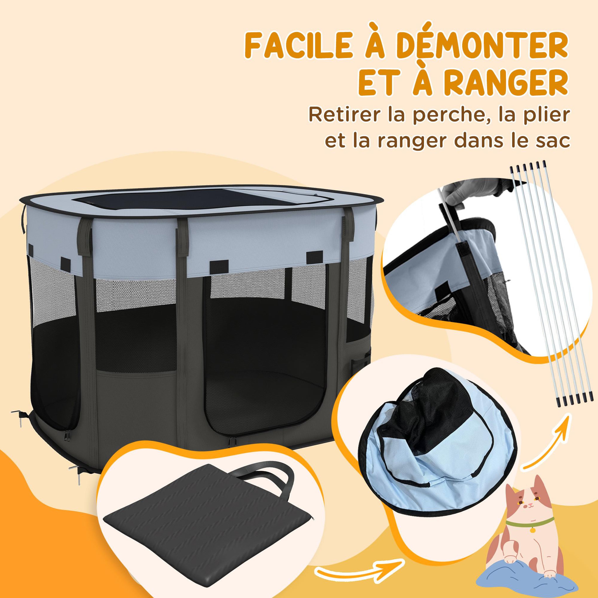 Voir la diapositive 6 : PAWHUT Parc pliable pour chien en tissu oxford - fenêtres, portes en maille - sac de rangement - gris noir