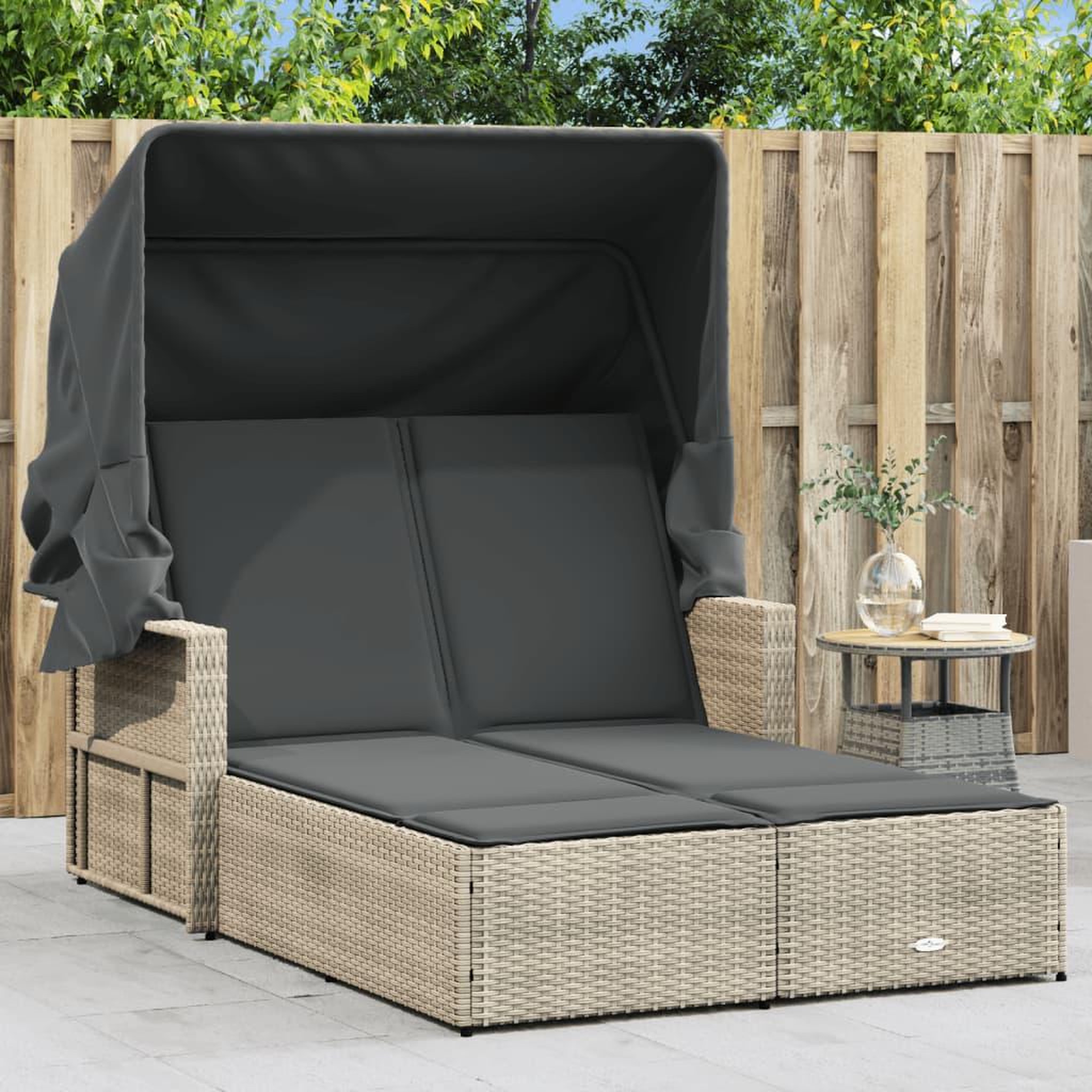 VIDAXL Chaise longue double avec auvent et coussins gris clair rotin