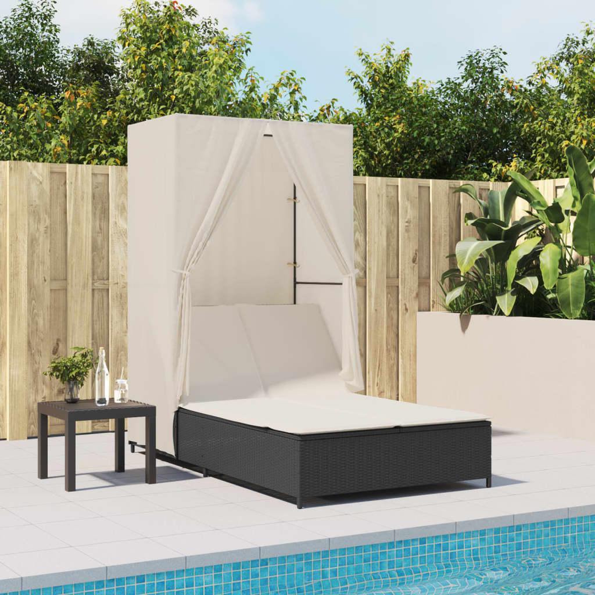 VIDAXL Chaise longue double avec toit et rideaux noir resine tressee
