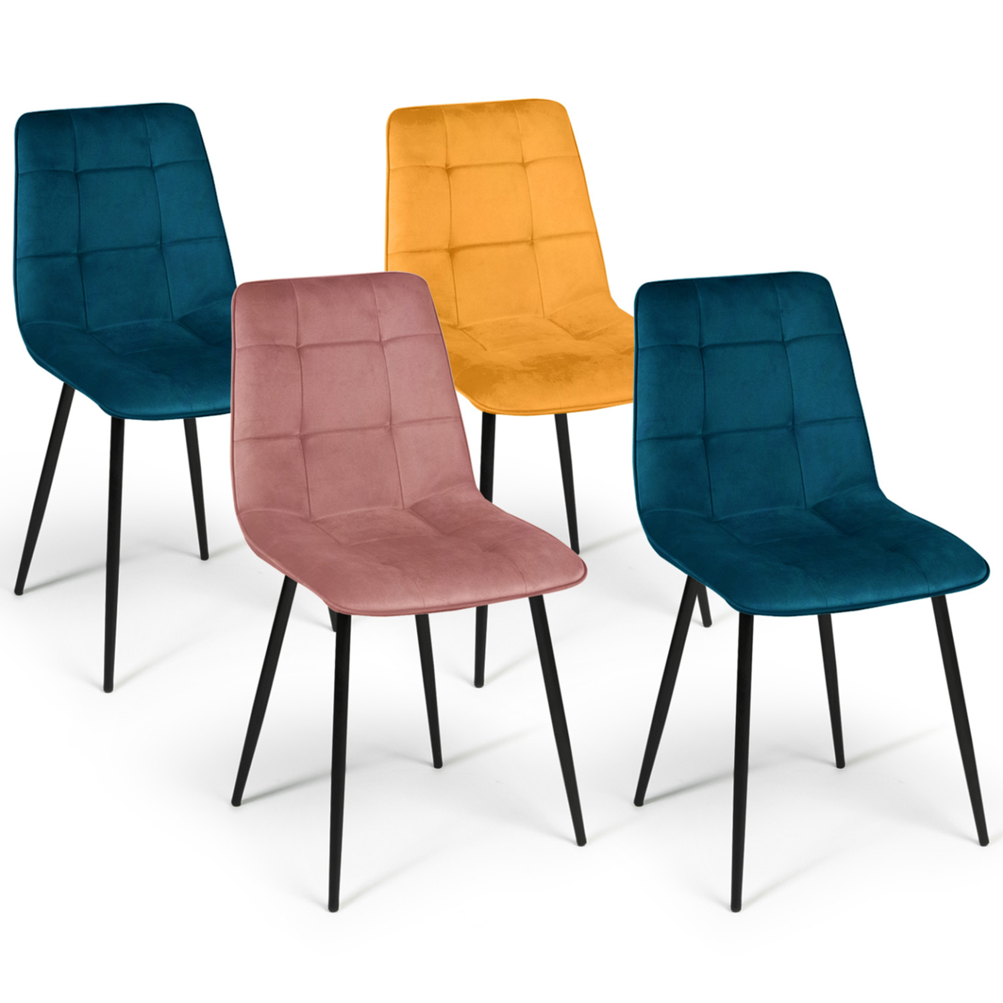 ID MARKET Lot de 4 chaises mila en velours mix color bleu x2, jaune ocre, rose