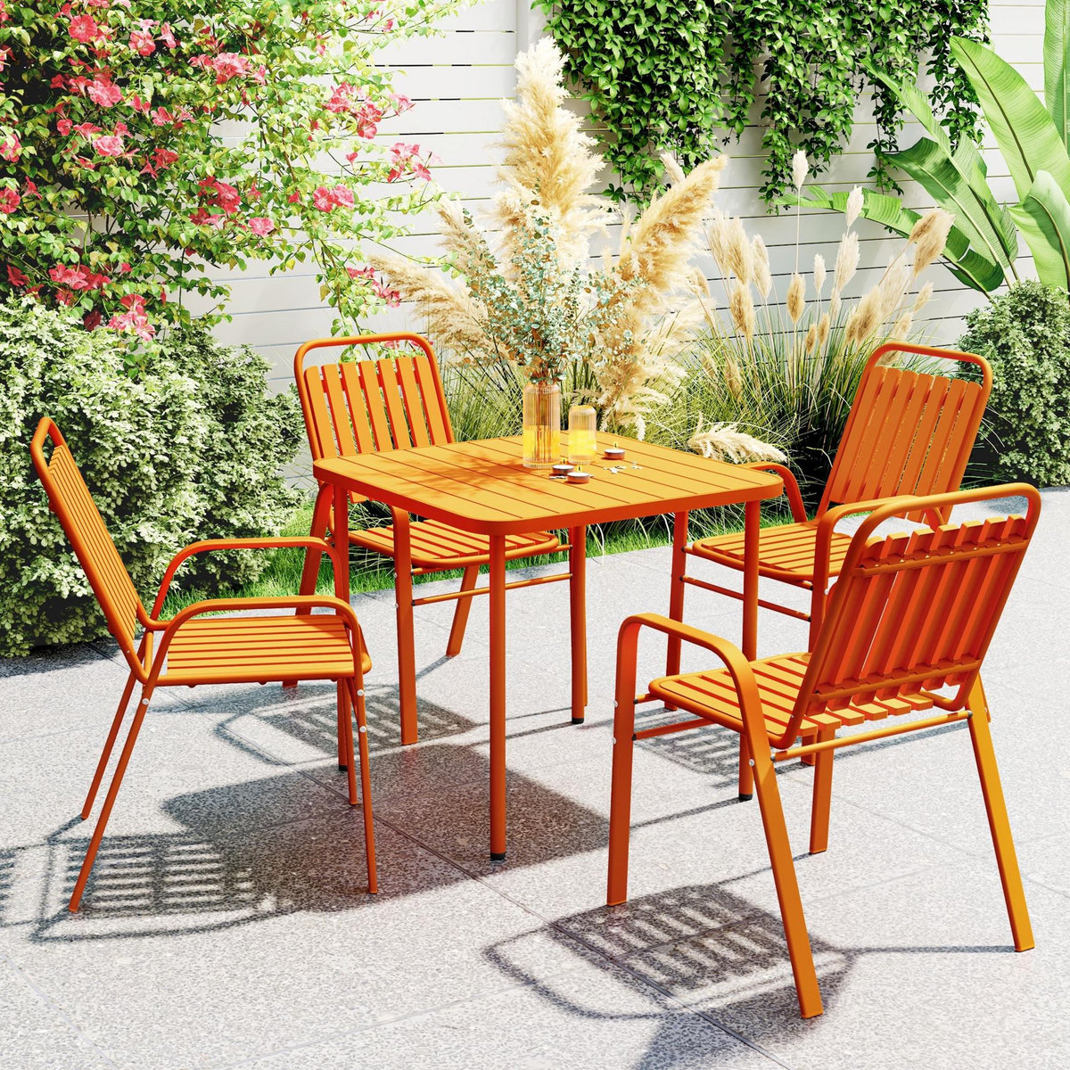OUTSUNNY Lot de 4 chaises de jardin empilables design néo-rétro avec hauts dossiers accoudoirs acier époxy orange