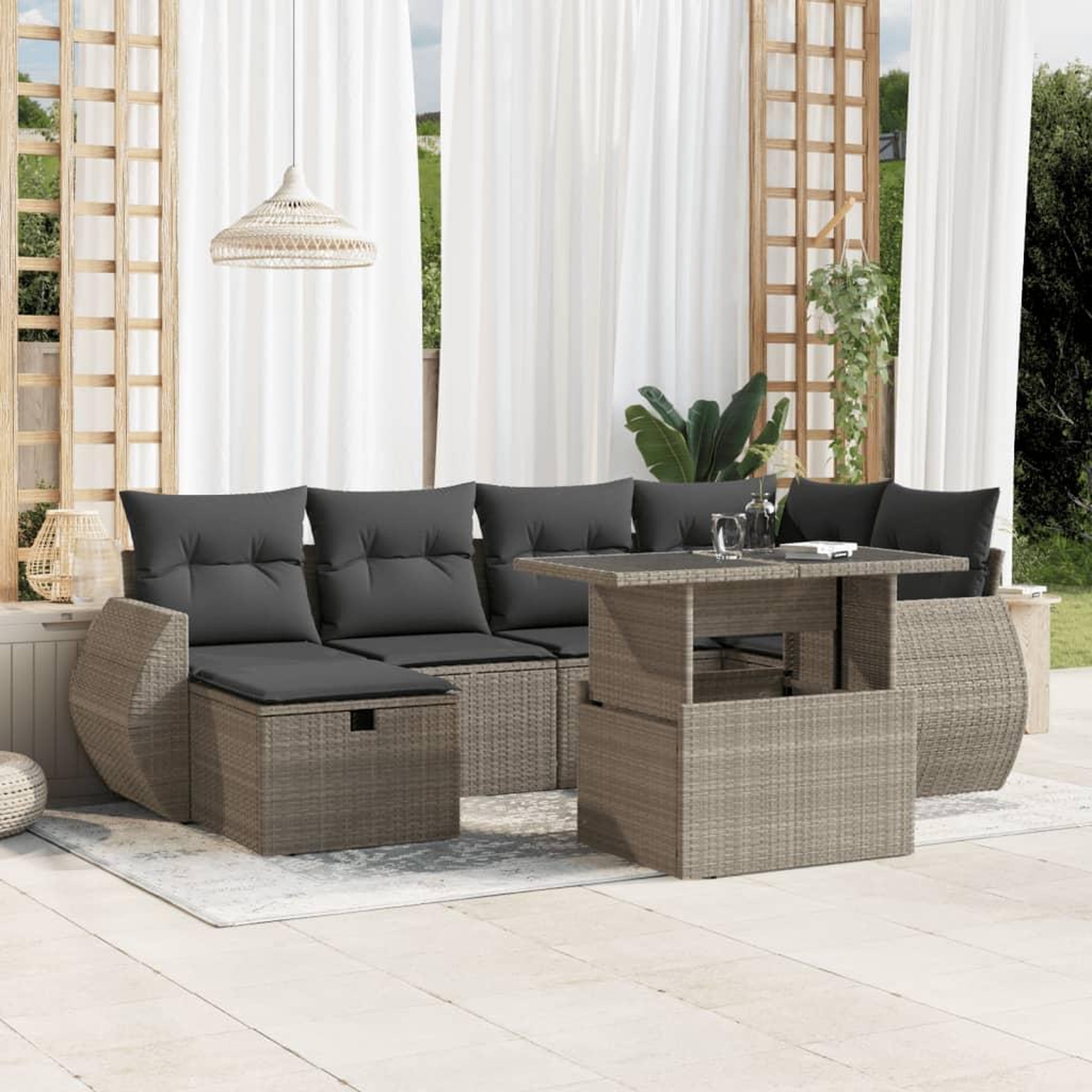 VIDAXL Salon de jardin avec coussins 7 pcs gris clair resine tressee