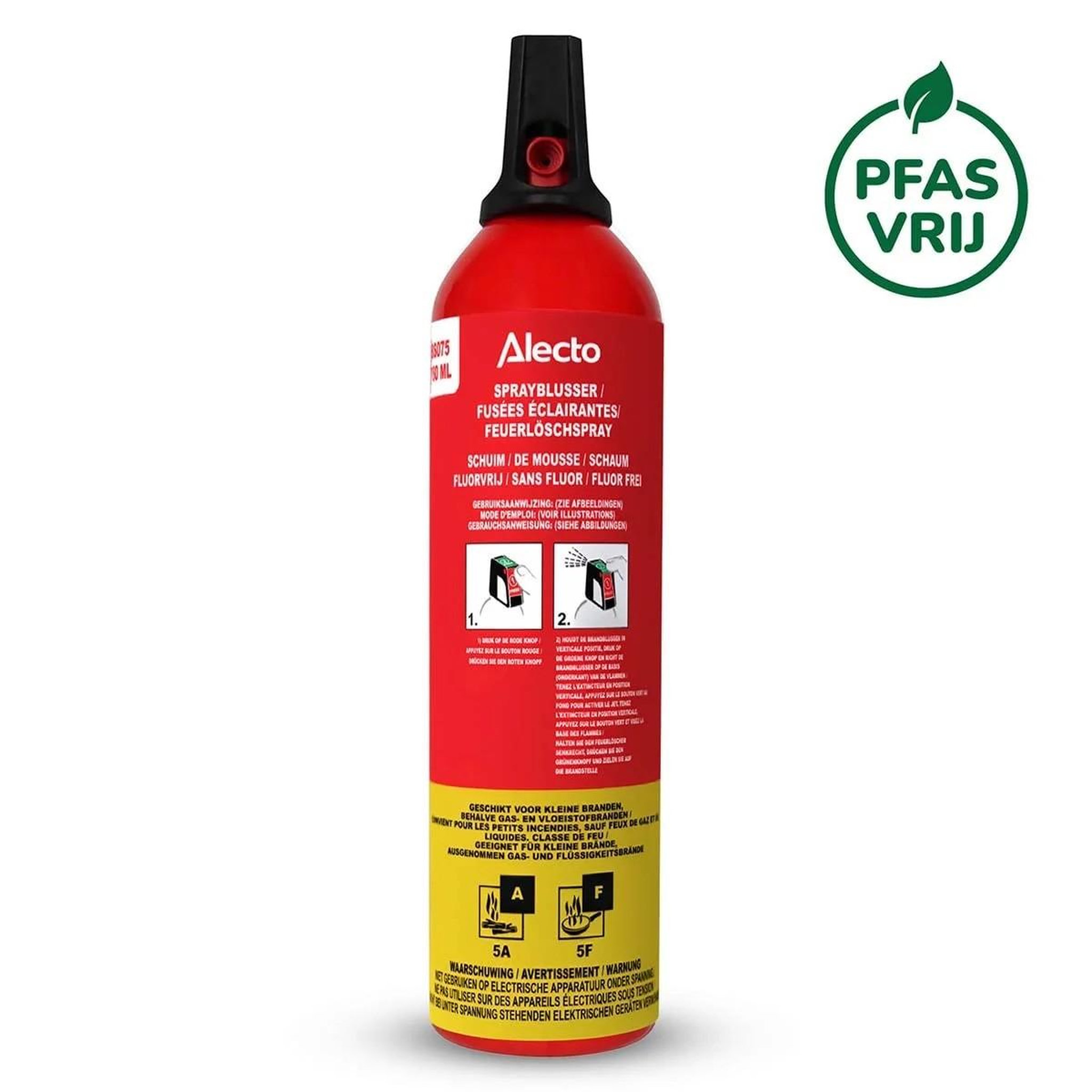 Voir la diapositive 4 : ALECTO Extincteur 750 ml Voiture Maison spray Classes A et F 5A 5F Portée 4 m Sans PFAS Protection Feu Rouge Alecto