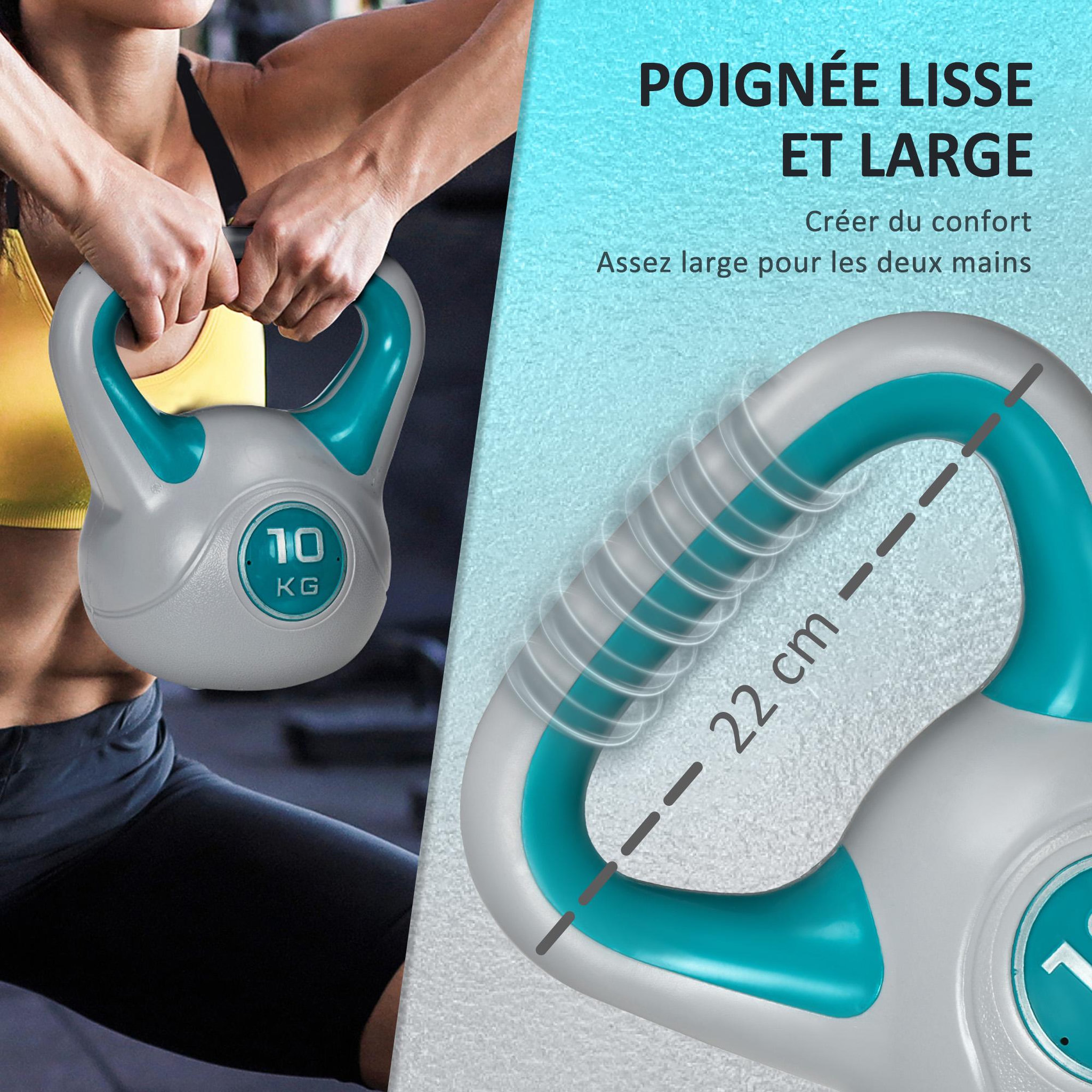 Voir la diapositive 4 : HOMCOM Kettlebell 10 kg - haltère boule - poignée ergonomique - pu gris bleu