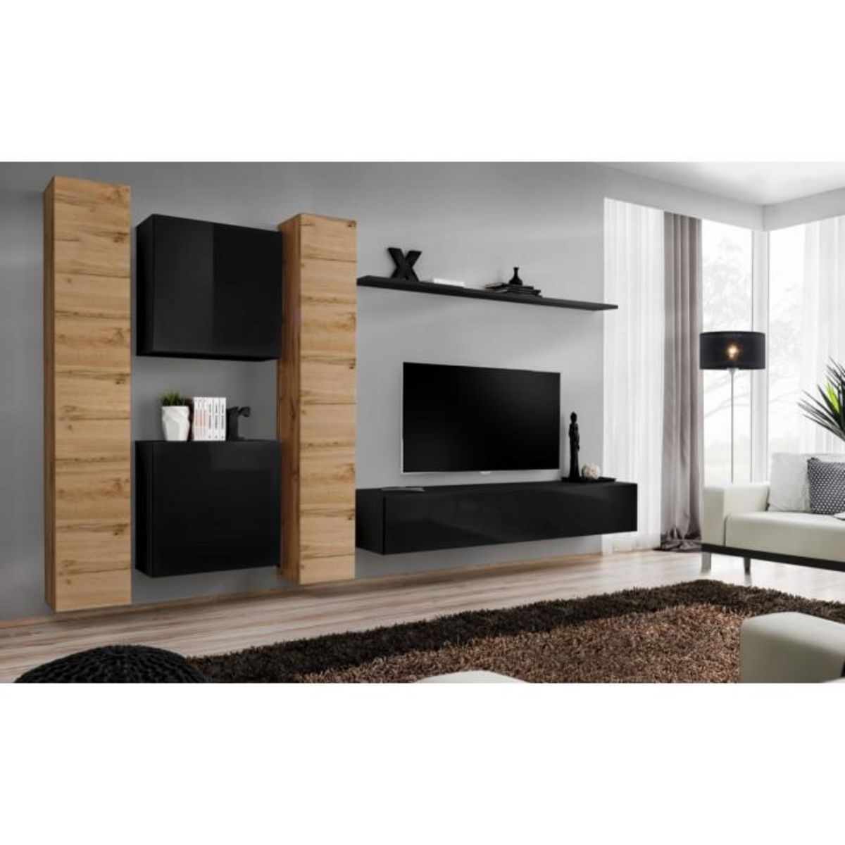 Paris Prix Meuble TV Mural Design  Switch VI  330cm Naturel & Noir