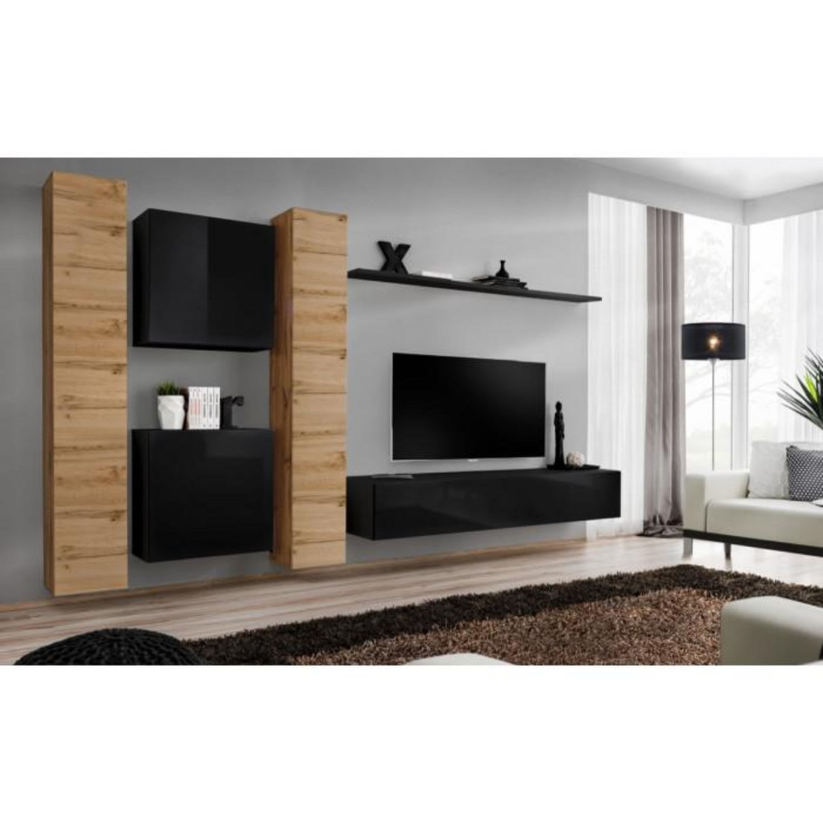 Paris Prix Meuble TV Mural Design  Switch VI  330cm Naturel & Noir
