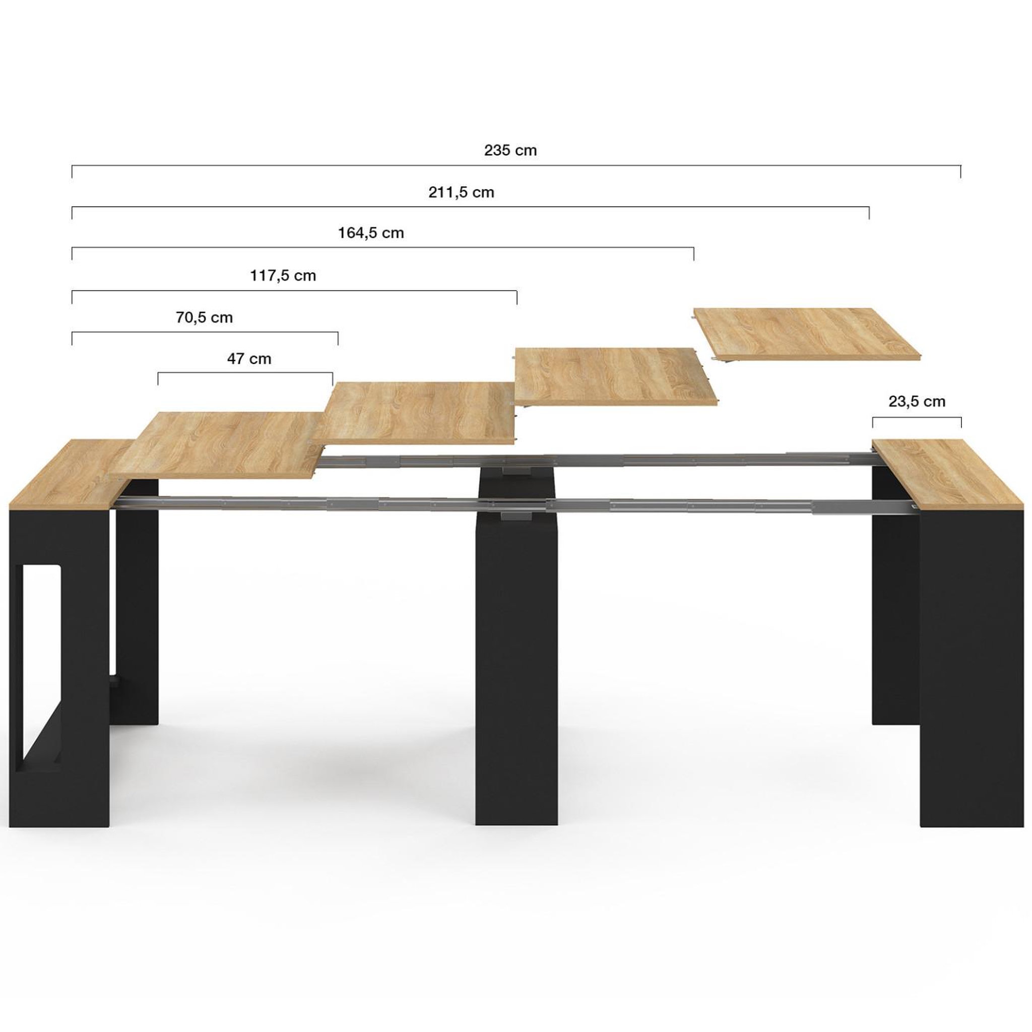 Voir la diapositive 6 : ID MARKET Ensemble table console avec bancs extensibles ORLANDO 10 personnes 235 cm bois noir et façon hêtre