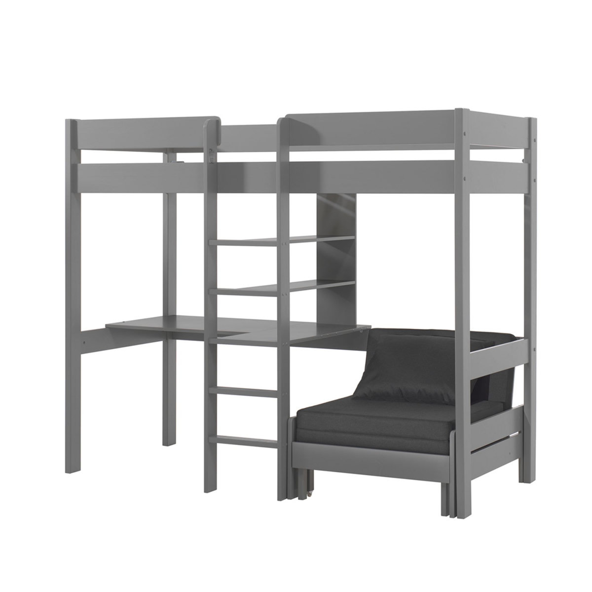 Vipack Lit Mezzanine 90x200 Sommier Inclus avec Fauteuil et Bureau Pino - Gris