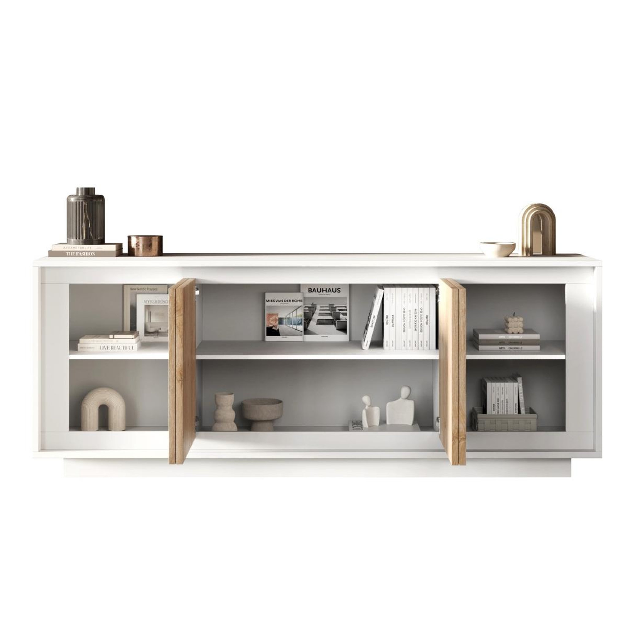 Voir la diapositive 3 : JLC KREATION Buffet bas contemporain 4 portes blanc et bois naturel yori