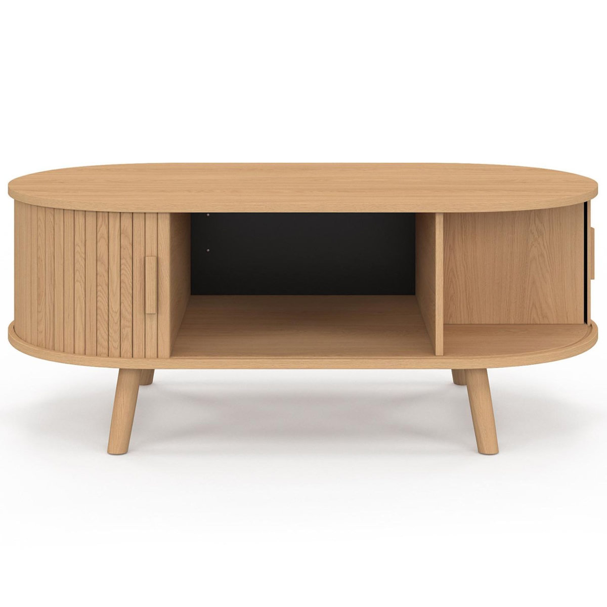 ID MARKET Table basse ovale ROMIE 100 cm 2 portes coulissantes lattes tasseau bois coloris chêne