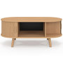 Voir la diapositive 3 : ID MARKET Table basse ovale ROMIE 100 cm 2 portes coulissantes lattes tasseau bois coloris chêne