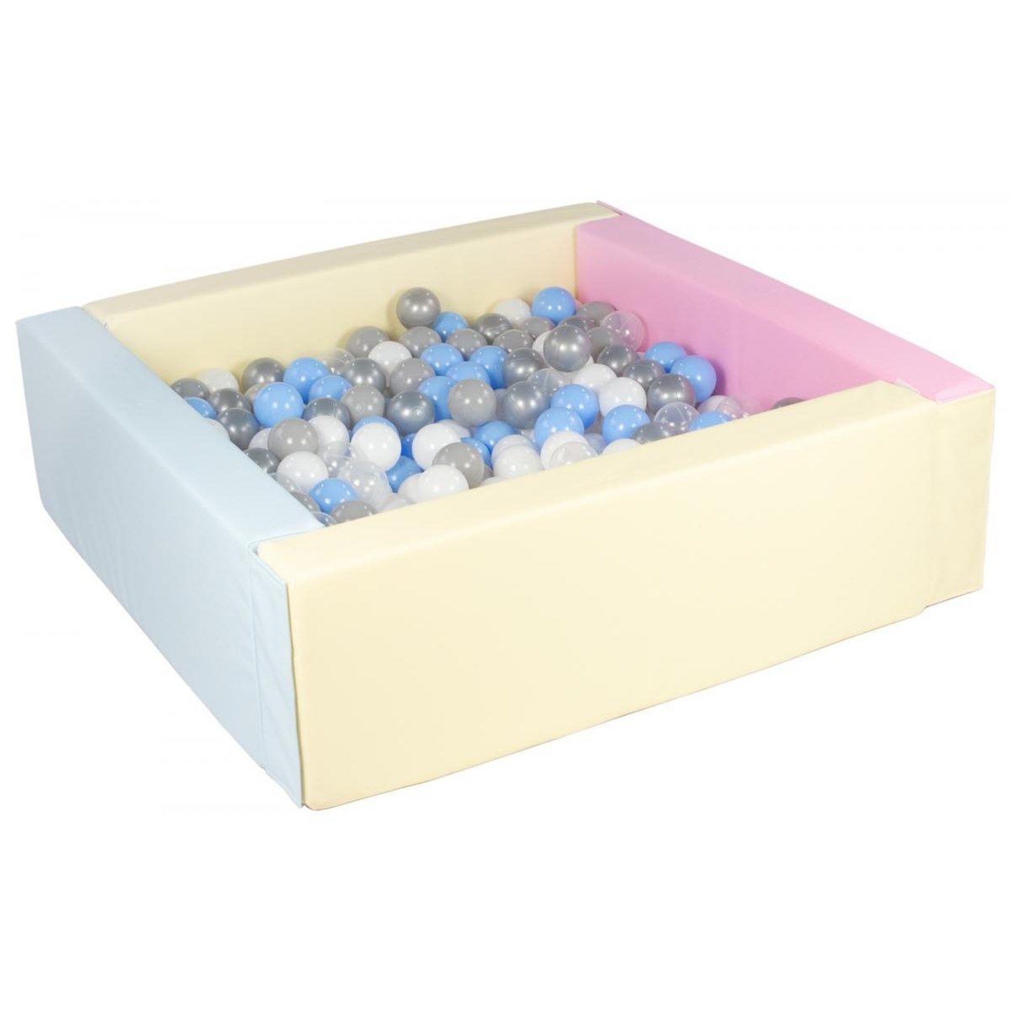 VELINDA Piscine à balles carrée avec 300 balles - bords 3 couleurs/blanc, transparent, bleu, gris, argent