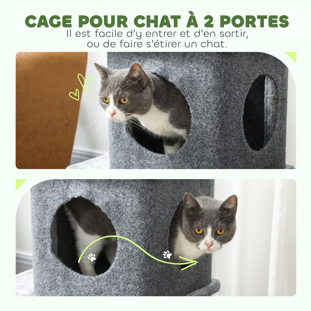 PAWHUT Arbre à chat à 3 niveaux hauteur 80 cm, tour pour chat avec 2 niches et surface de repos confortable, balle amovible, poteau en sisal et peluche douce, pour animal 5 kg, gris foncé
