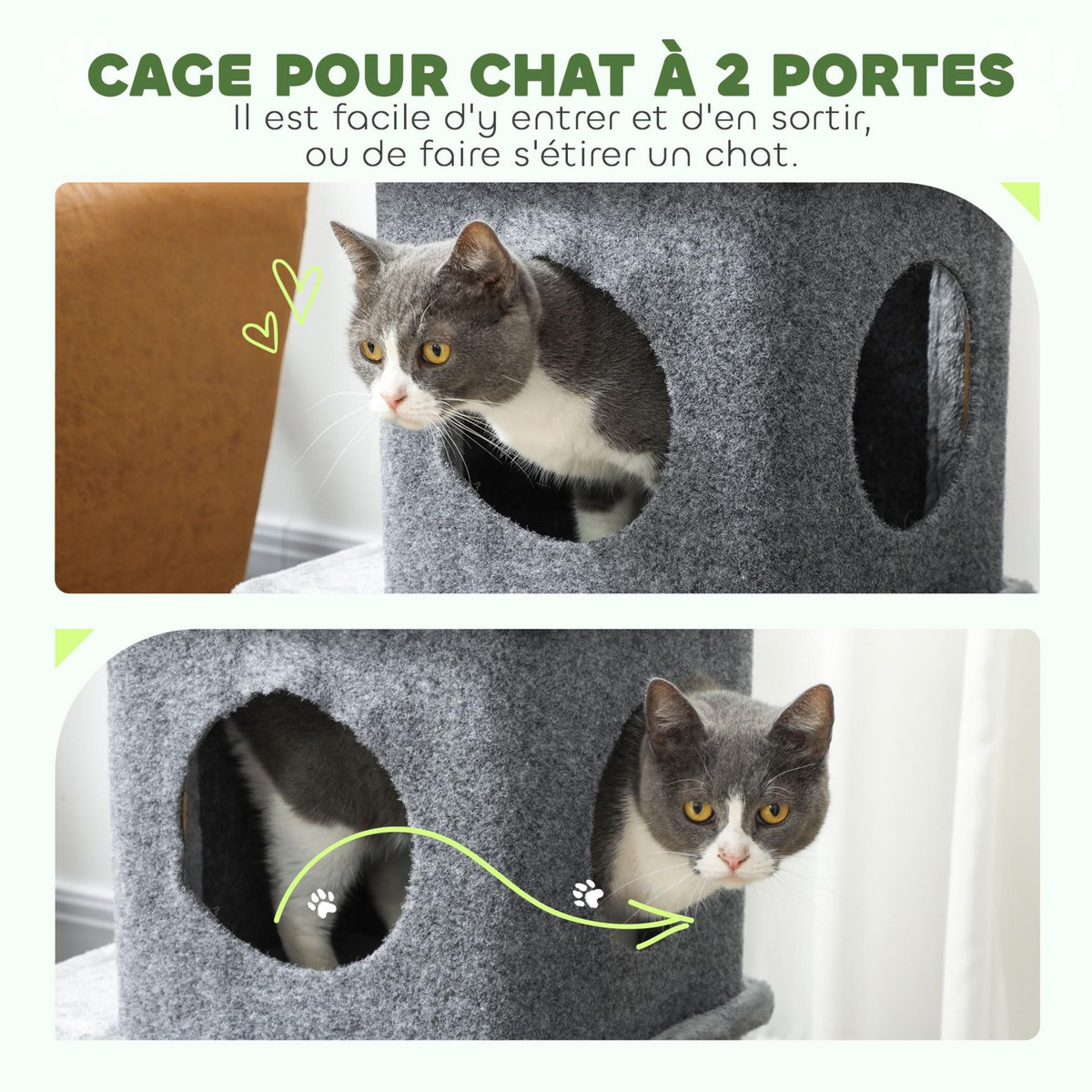 PAWHUT Arbre à chat à 3 niveaux hauteur 80 cm, tour pour chat avec 2 niches et surface de repos confortable, balle amovible, poteau en sisal et peluche douce, pour animal 5 kg, gris foncé