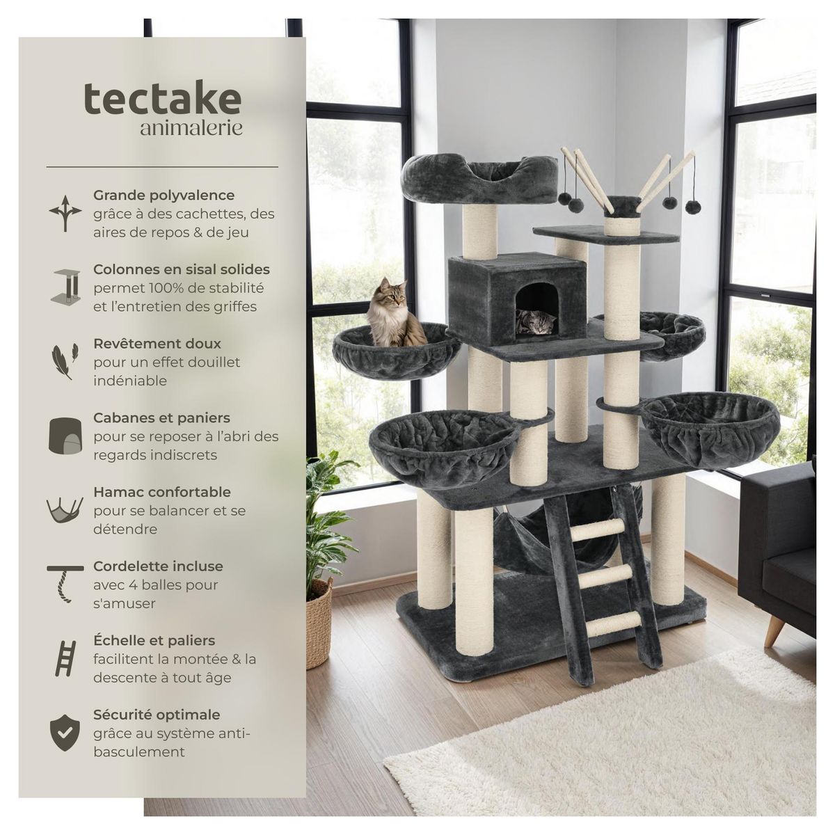 tectake Arbre à chat 195 cm avec griffoir et plateforme d'escalade gris/blanc