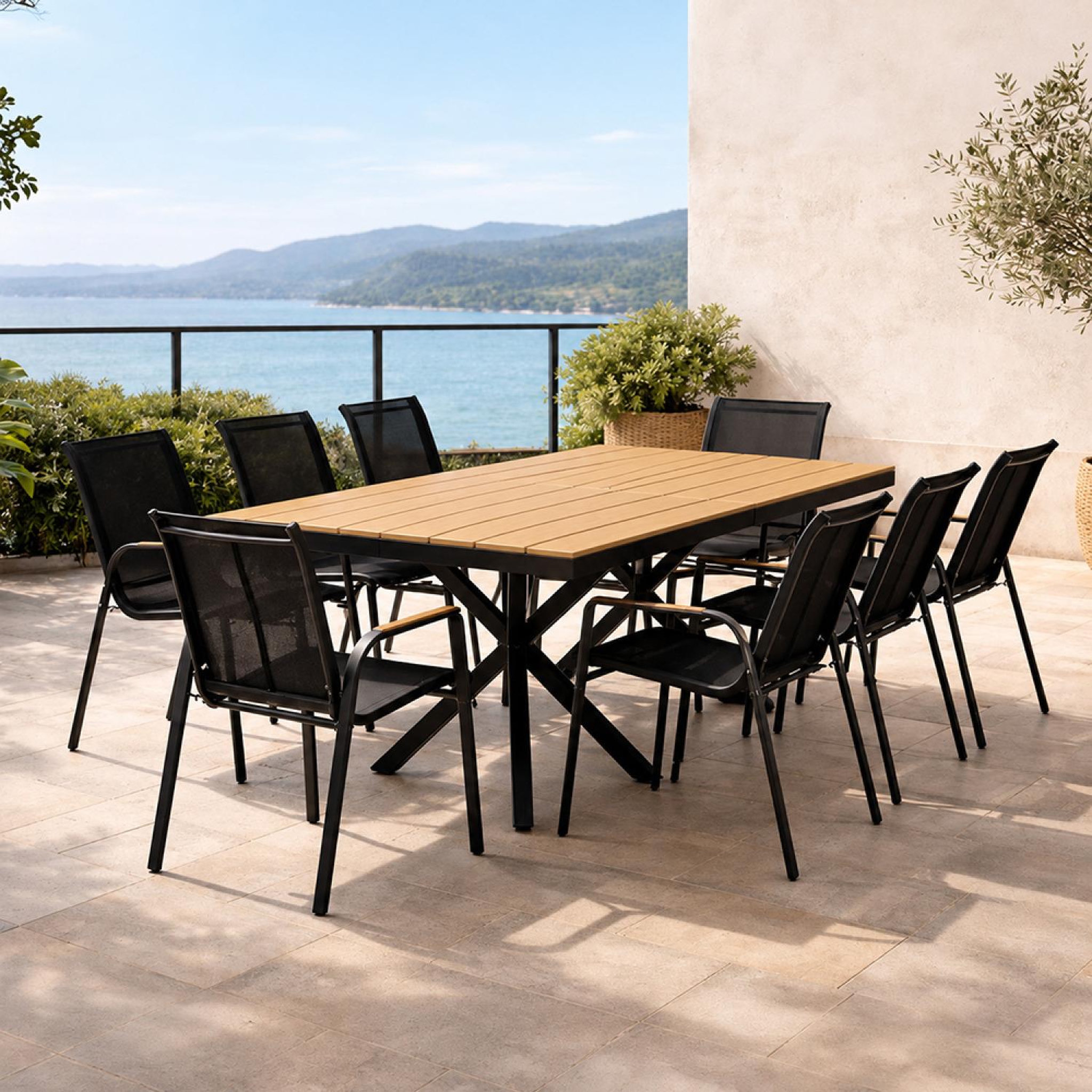 Voir la diapositive 2 : CONCEPT USINE Ensemble de jardin table 190cm effet bois + 8 fauteuils ALMADA
