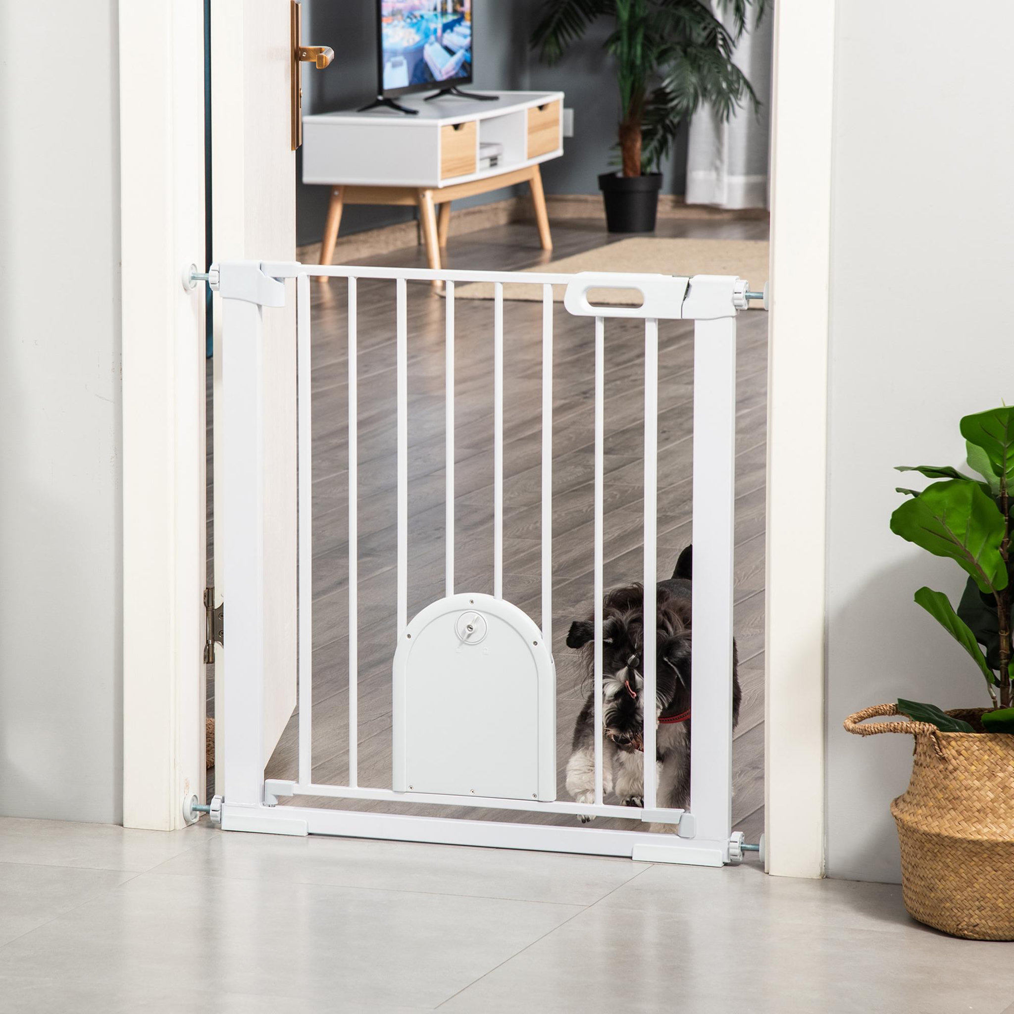 Voir la diapositive 4 : PAWHUT Barrière de sécurité chien h.76 cm - porte verrouillable - fixation par pression 75-103 cm - acier abs blanc
