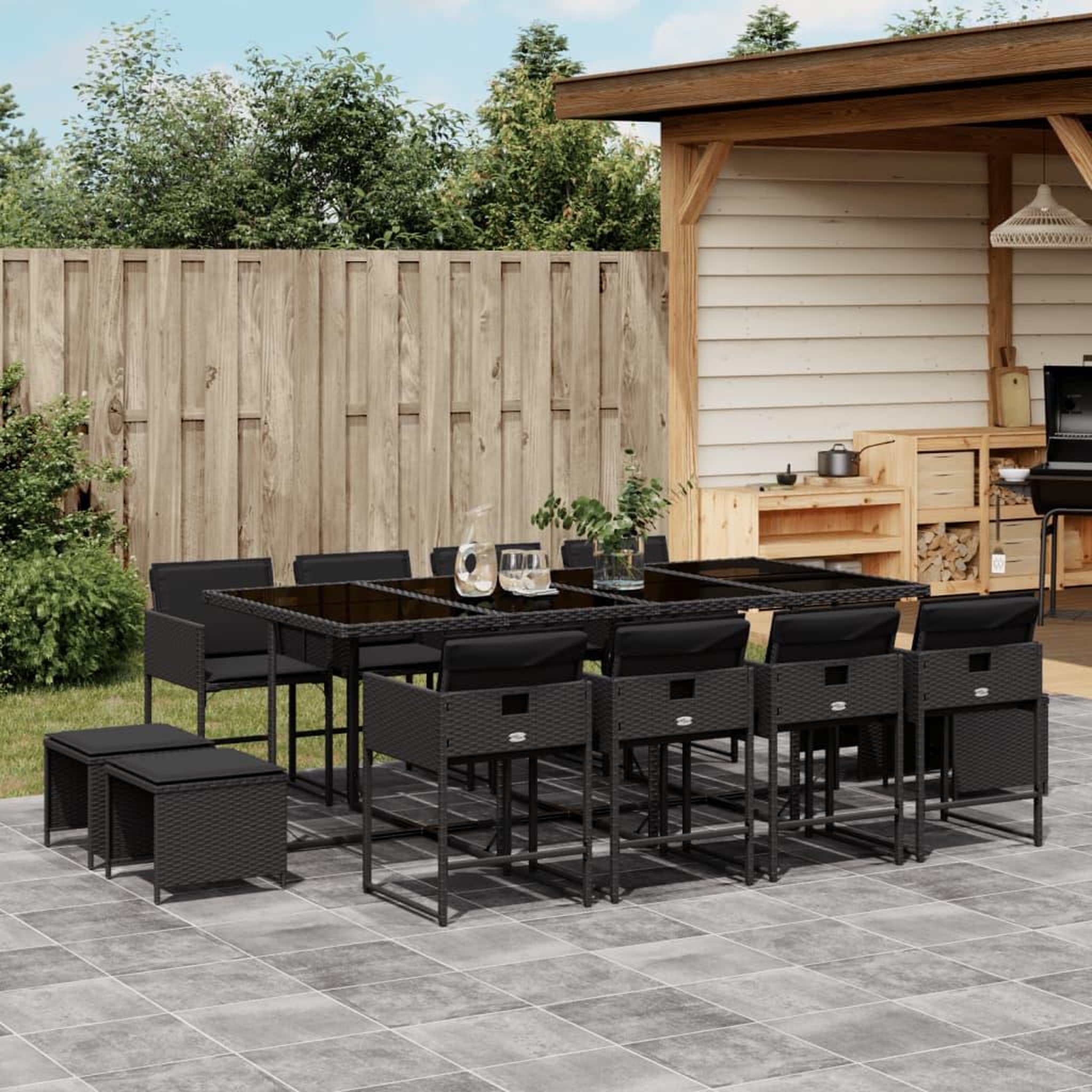 VIDAXL Ensemble a manger de jardin 13 pcs coussins noir resine tressee