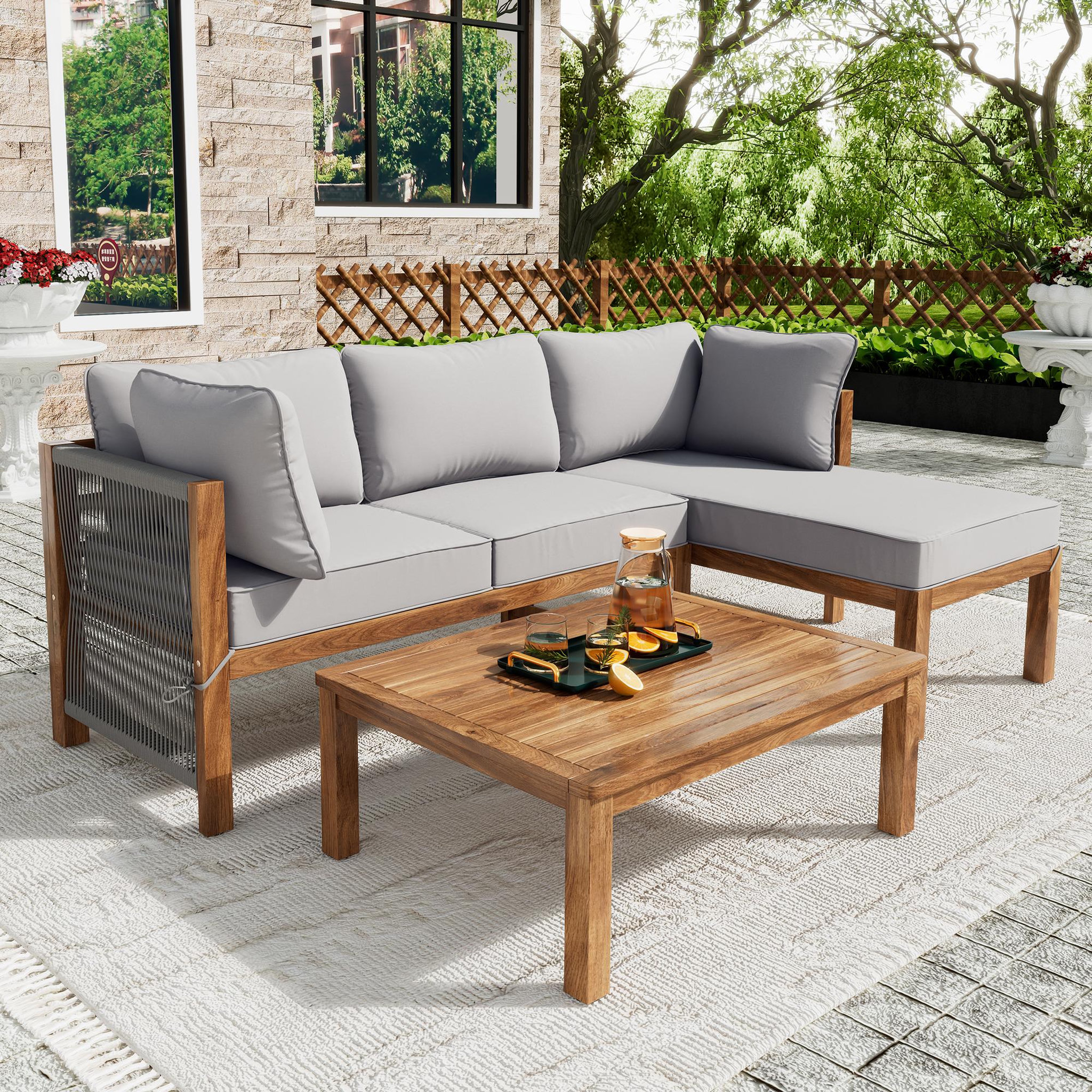 Voir la diapositive 2 : MERAX Salon de jardin angle 4 places en bois avec 2 canapés, table, pieds réglables, coussins, gris