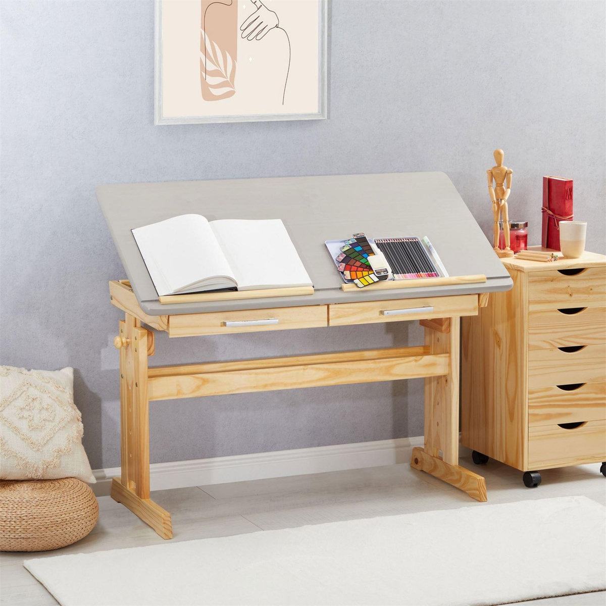 IDIMEX Bureau enfant OLIVIA, en pin massif, réglable en hauteur et plateau inclinable