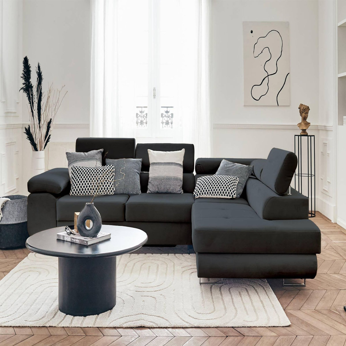 BEST MOBILIER Pablo - canapé d'angle droit - 5 places - convertible avec coffre et têtières réglables - en velours