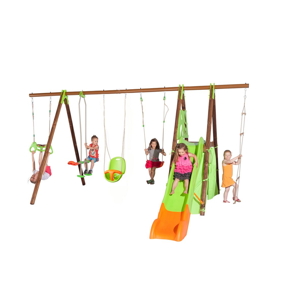 trigano Portique balançoire Bois/Métal avec toboggan  Marla