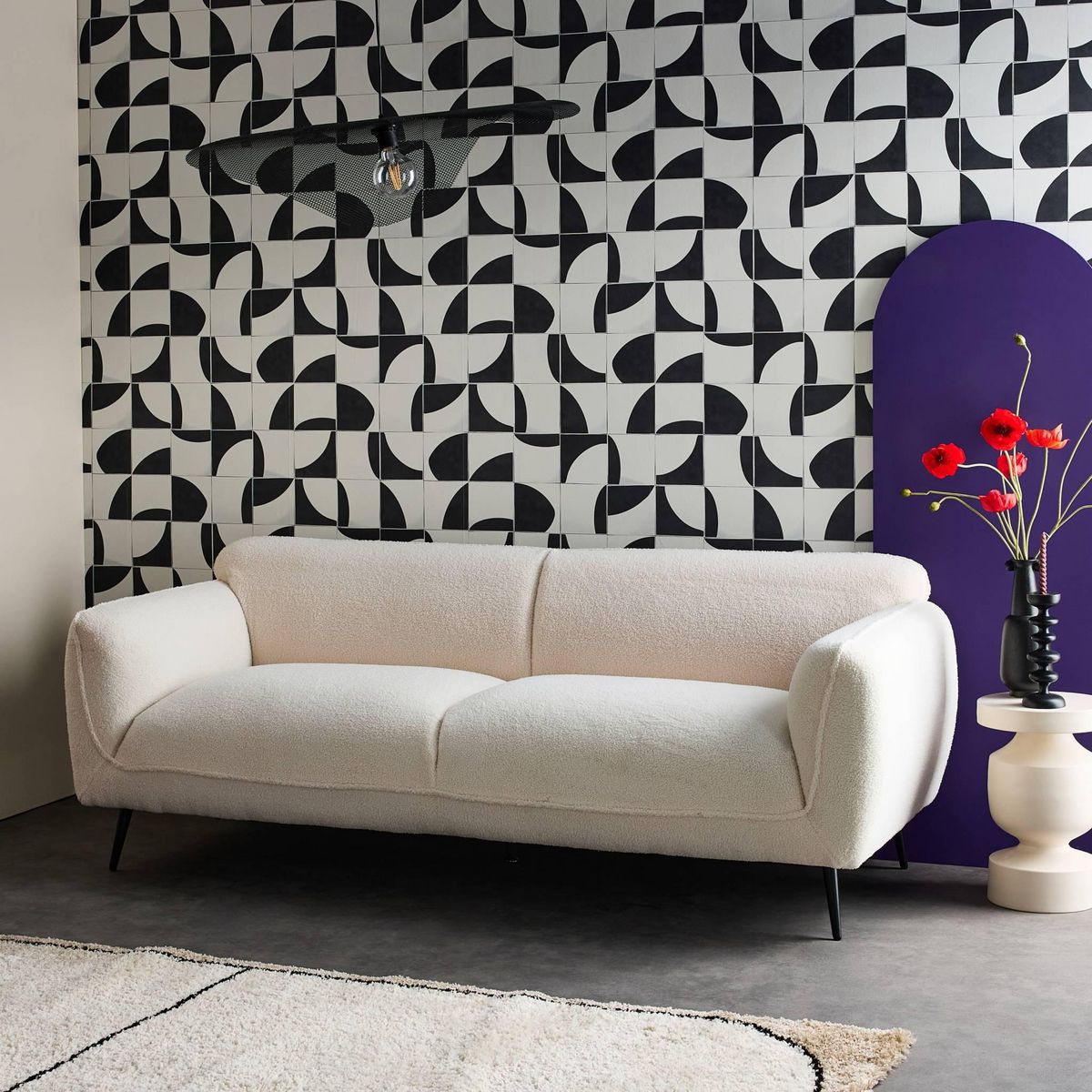 SWEEEK Canapé 3 places tissu bouclette crème et pieds métal noir