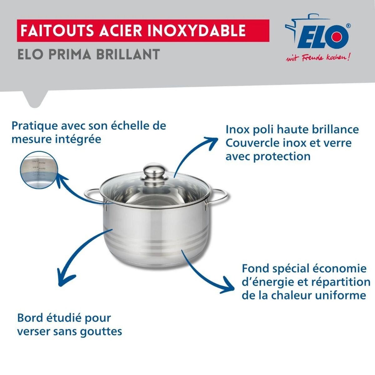 ELO Ensemble de 2 Poêles de cuisson 20 et 24 cm et 1 faitout 24 cm Elo Prima Brillant
