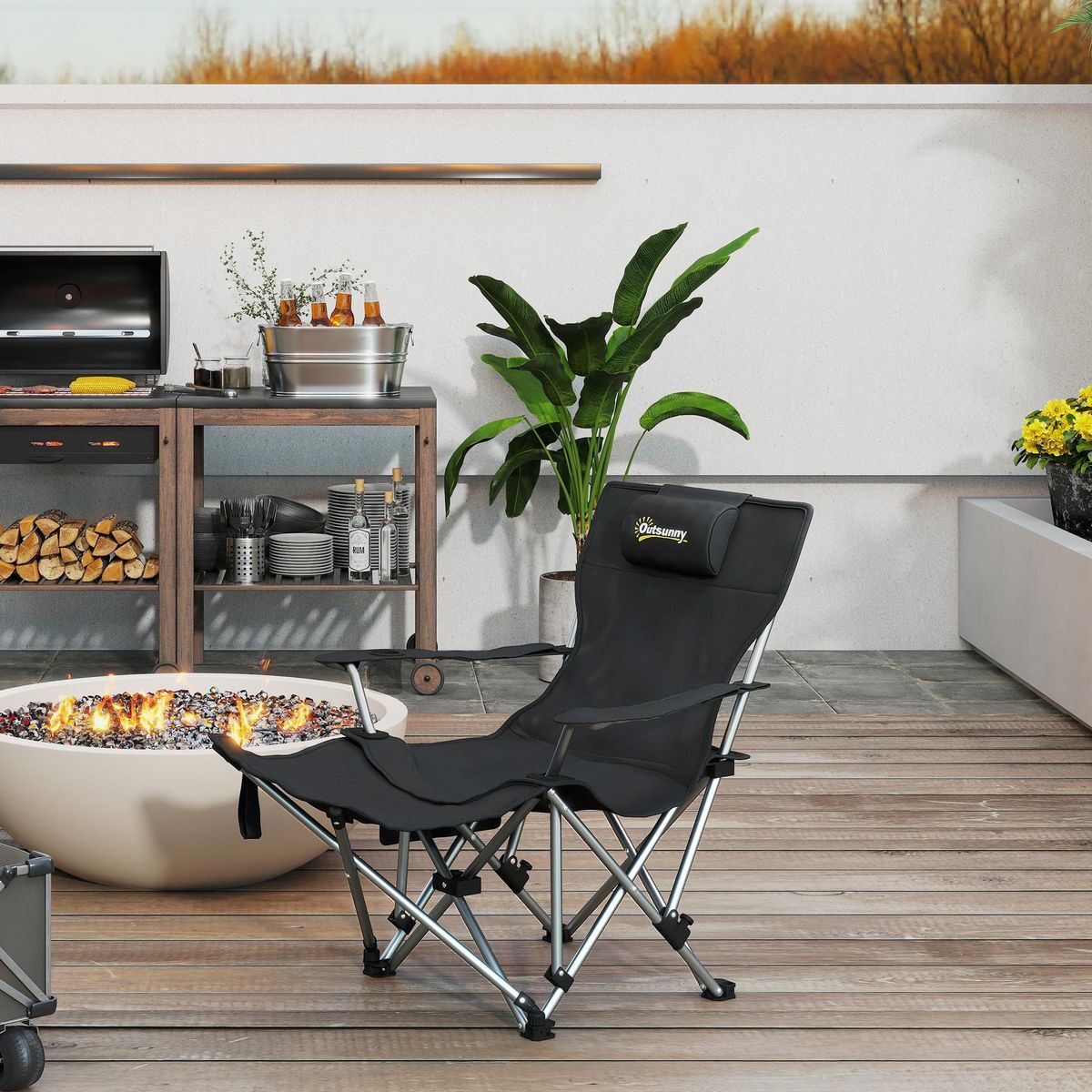 OUTSUNNY Chaise de camping pliante - repose-pied amovible, rangements - sac transport - noir
