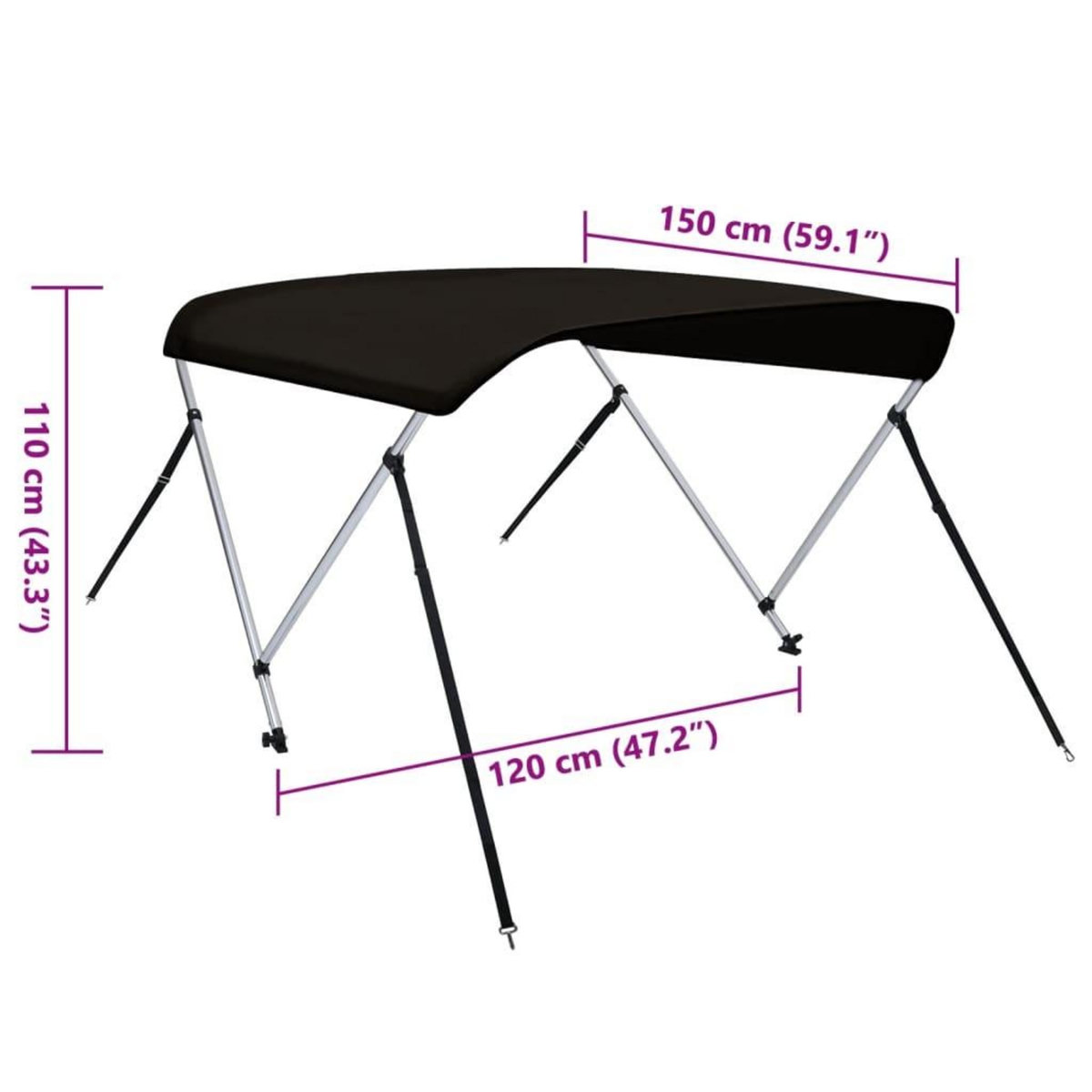 VIDAXL Auvent bimini a 2 arceaux noir 150x120x110 cm