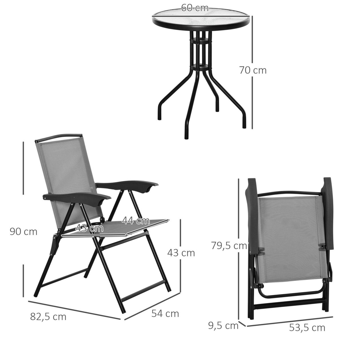 OUTSUNNY Ensemble de jardin 3 pièces 2 chaises inclinables multi-positions pliables + table ronde verre trempé métal époxy textilène gris