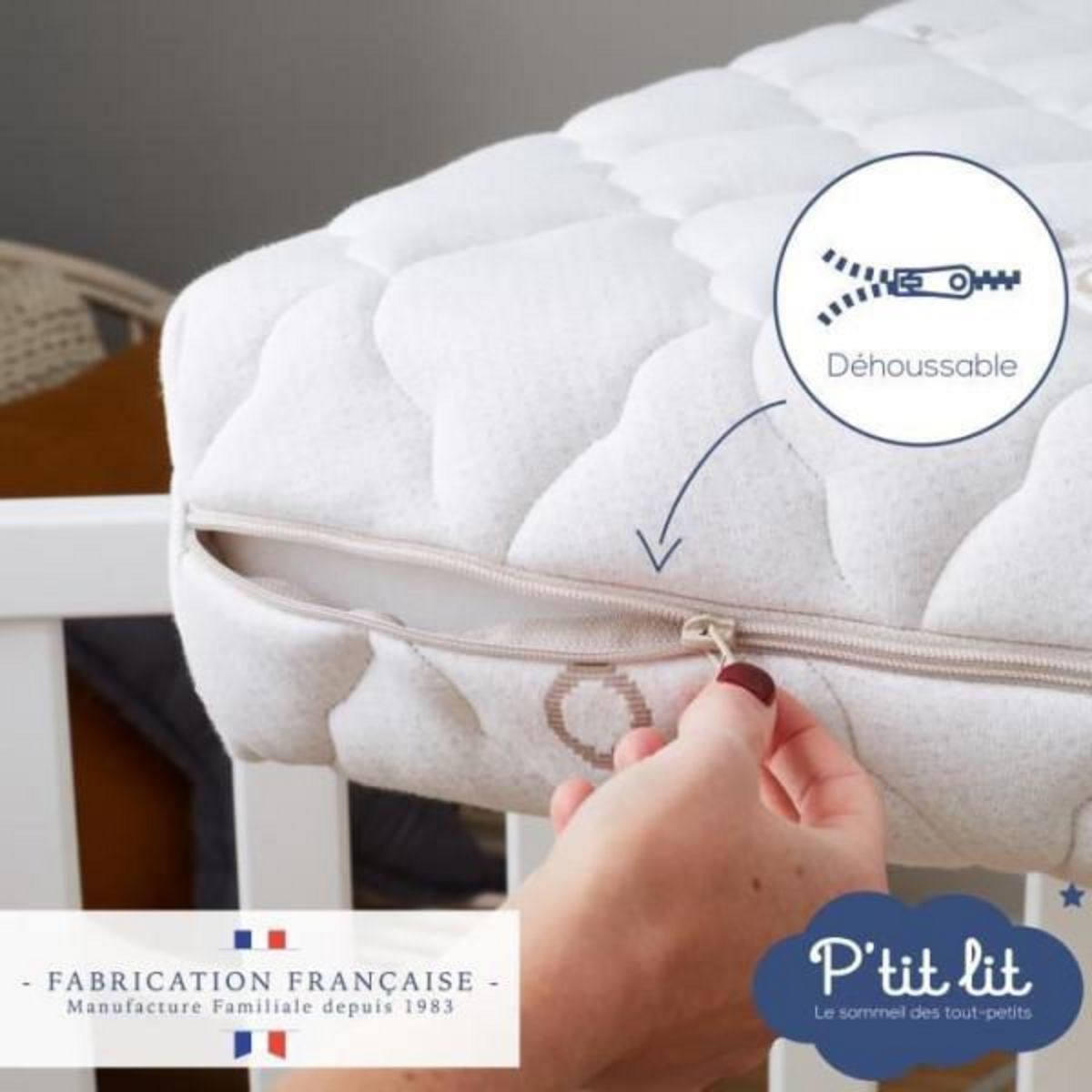 P'TIT LIT Matelas Bébé Coton Bio - 60x120x10 cm - 100% Coton - Déhoussable - Sans traitement chimique