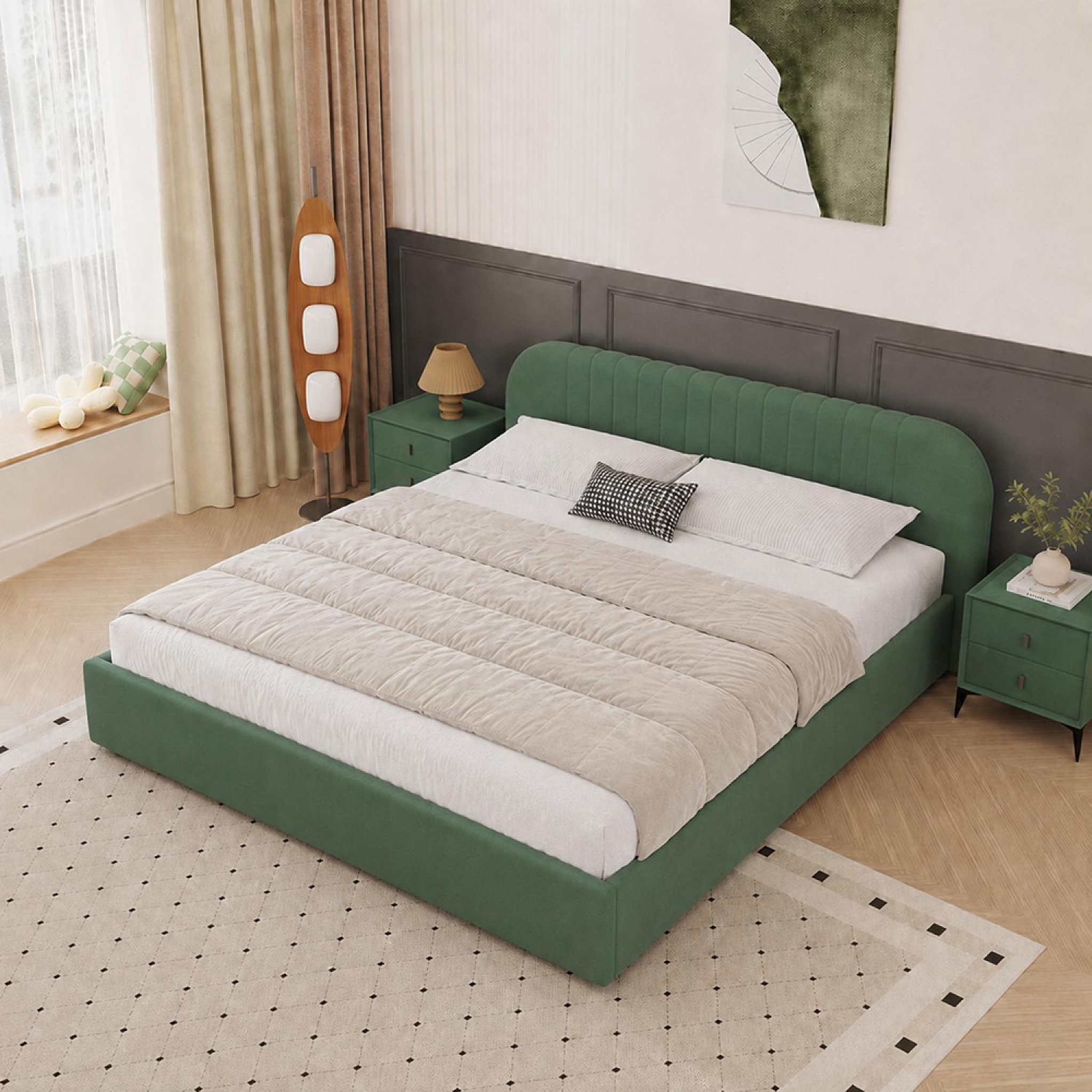 Voir la diapositive 4 : CONCEPT USINE Lit avec coffre de rangement 160x200cm en velours vert irvine