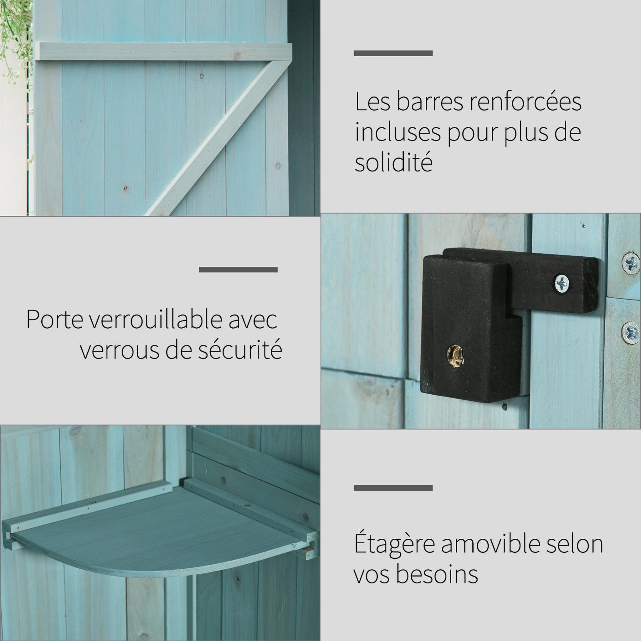 Voir la diapositive 6 : OUTSUNNY Armoire abri de jardin remise pour outils 3 étagères 2 portes loquets toit pente bitumé 77L x 54l x 179H cm sapin traité bleu