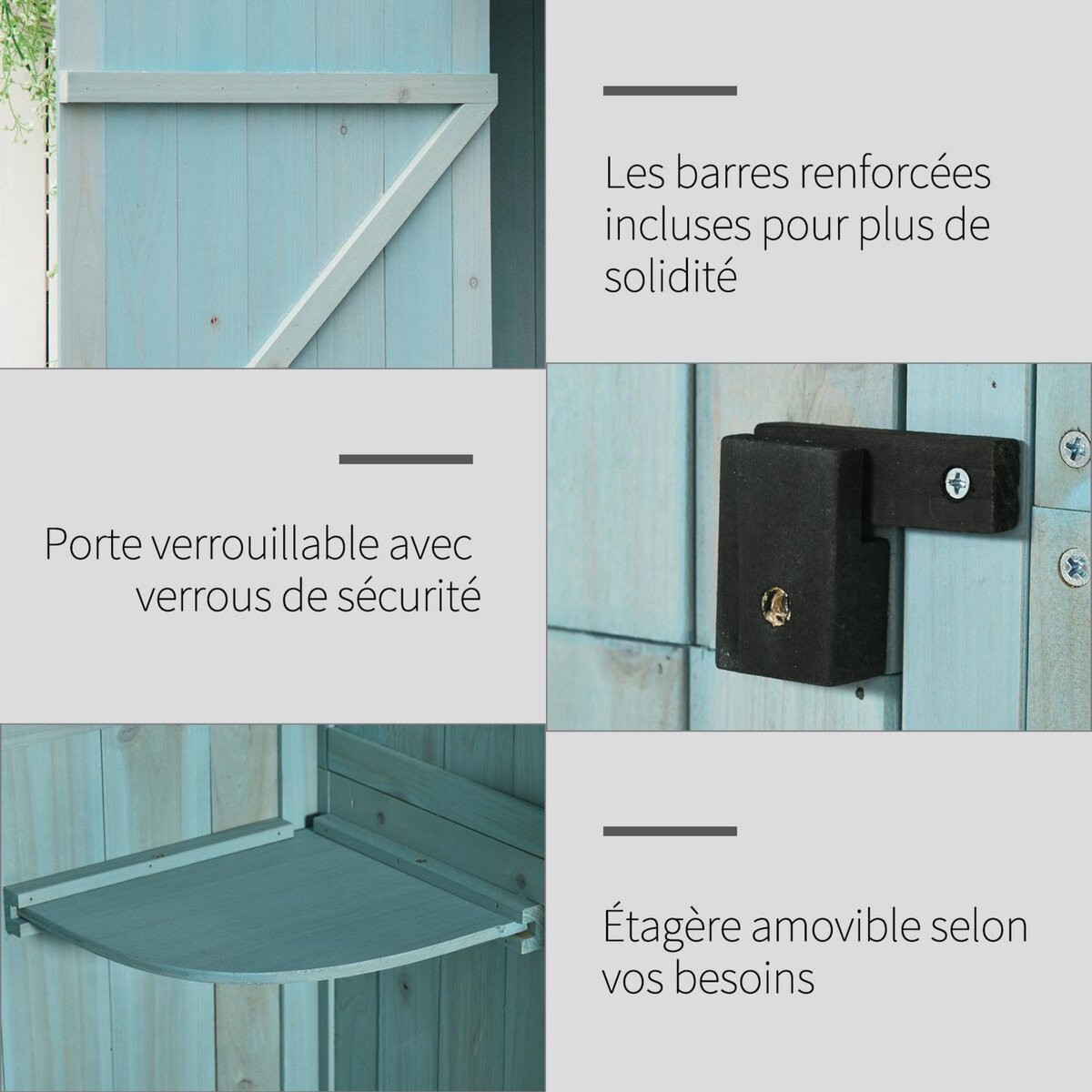 OUTSUNNY Armoire abri de jardin remise pour outils 3 étagères 2 portes loquets toit pente bitumé 77L x 54l x 179H cm sapin traité bleu
