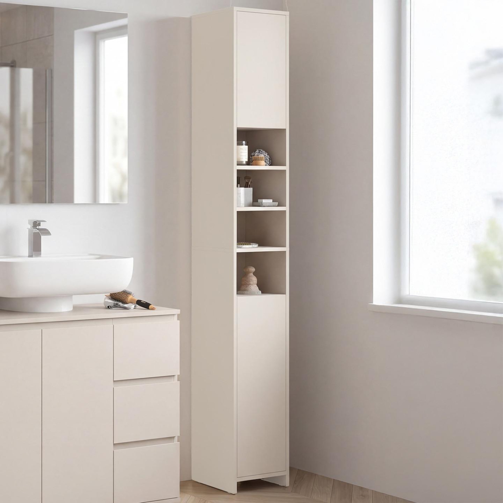 Voir la diapositive 2 : ID MARKET Meuble colonne salle de bain tomi 2 portes 4 niches beige