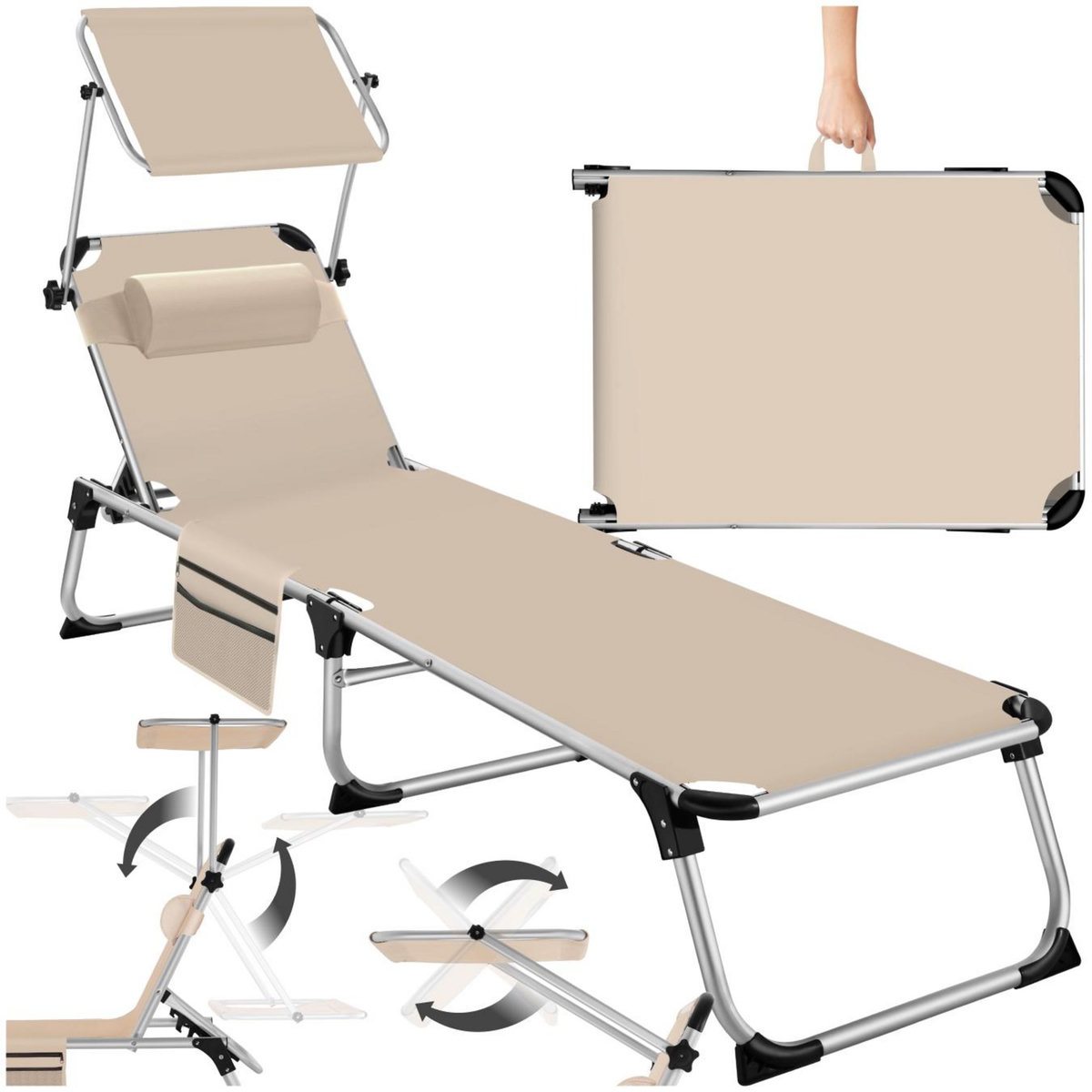tectake Bain de soleil pliable avec oreiller beige