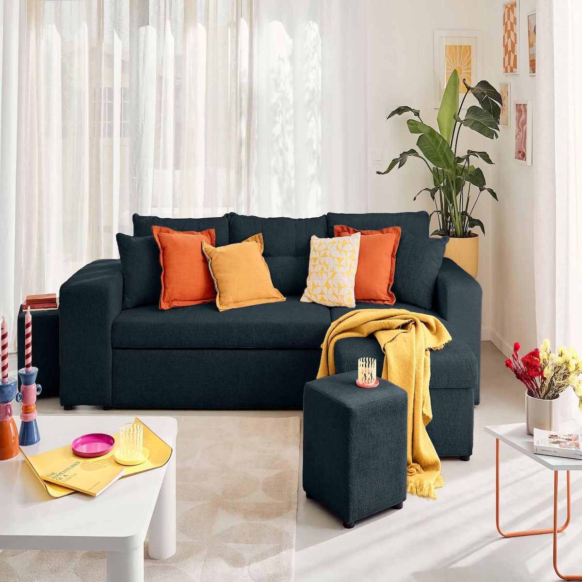 BEST MOBILIER California - canapé d'angle réversible 4 places - convertible avec coffre, étagère et poufs - en velours texturé